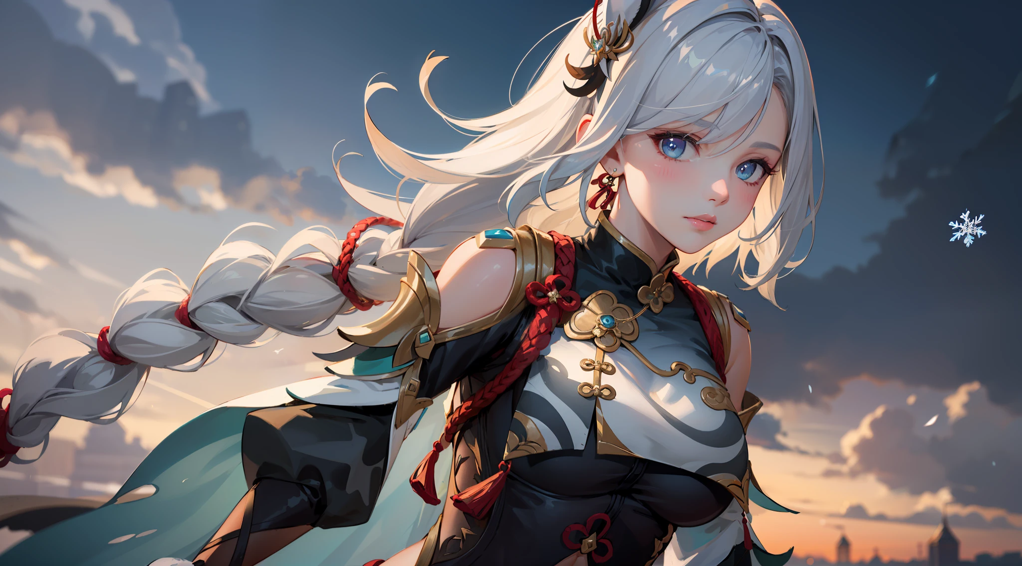 shenhedef, upper body, seductive look, blush, outdoors, snowflake scenery, looking at viewer, cloudy, moody lighting, (perfect detail eyes:1.2), glowing eyes, (long hair one braid:1.2), elemental skill effect, (Masterpiece, Best Quality, High Quality:1.4), professional artwork, Intricate Details, field of view, sharp focus, detailed painting, photorealistic lighting, trending on pixiv, (vivid lighting, vibrant colors:1.05), realistic shadows, ambient occlusion, (athletic body:1.3), mature woman, 30yo, torn clothes