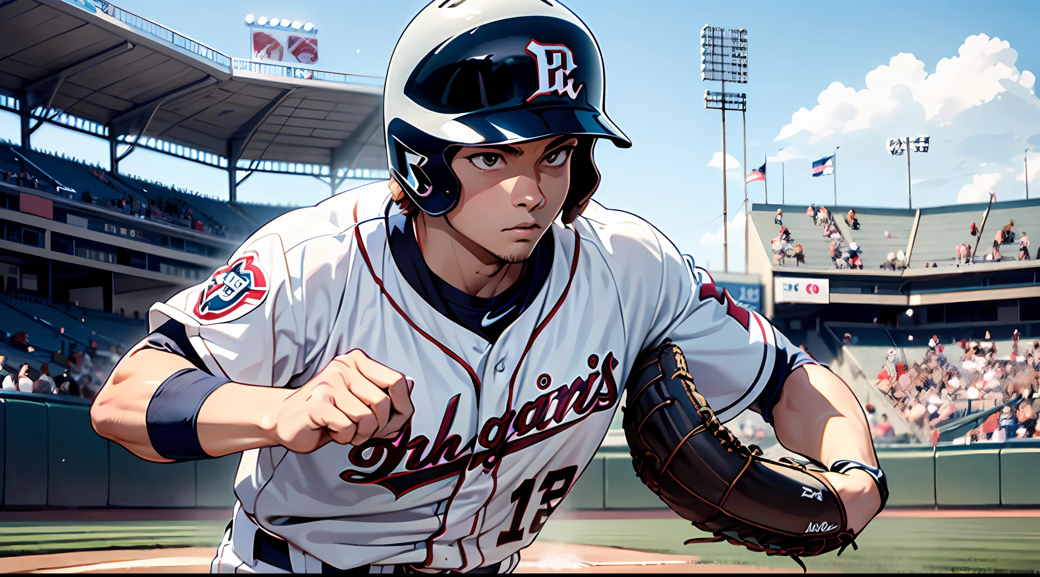 masterpiece, top quality, (1 person, solo:1.4)perfect cartoon illustration,(1 person, solo:1.4)
high res,(1 boy:1.4), high school student, baseball team,  in the batter's box, bat at the ready, catcher behind him, (white helmet without logo: 1.4), (white baseball uniform without logo: 1.4), thick metal bat, batter's box, at Baseball Stadium in japan, describe the whole body.