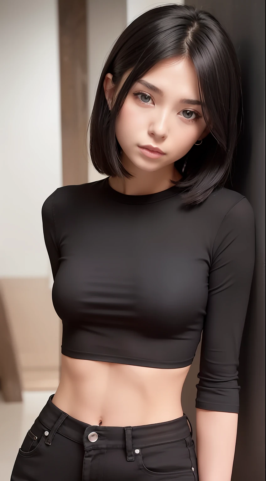 Girl posing for photo in black bra and black skinny jeans，Keep your arms behind your back，full bodyesbian，With a cropped T-shirt、brassier，Slim body，Smaller bust，Slim girl model，24 years old female model，short detailed hair