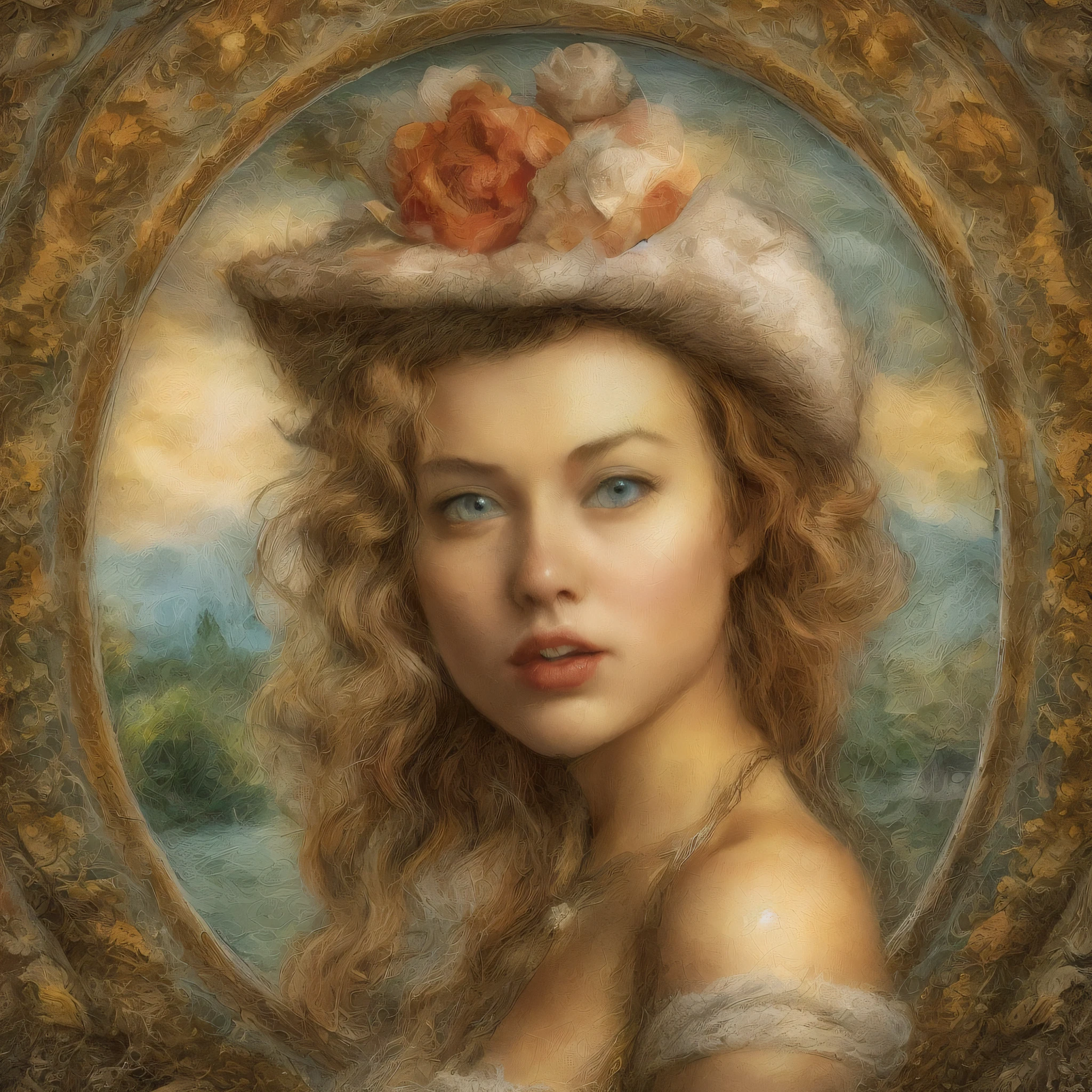 [beste-Qualit, tmasterpiece, extra high resolution, photo-realistic, in the style of pin-up, 1Woman, John Wilhelm:20]Background, intricate Renaissance landscape, higly detailed, impressionism:0.1