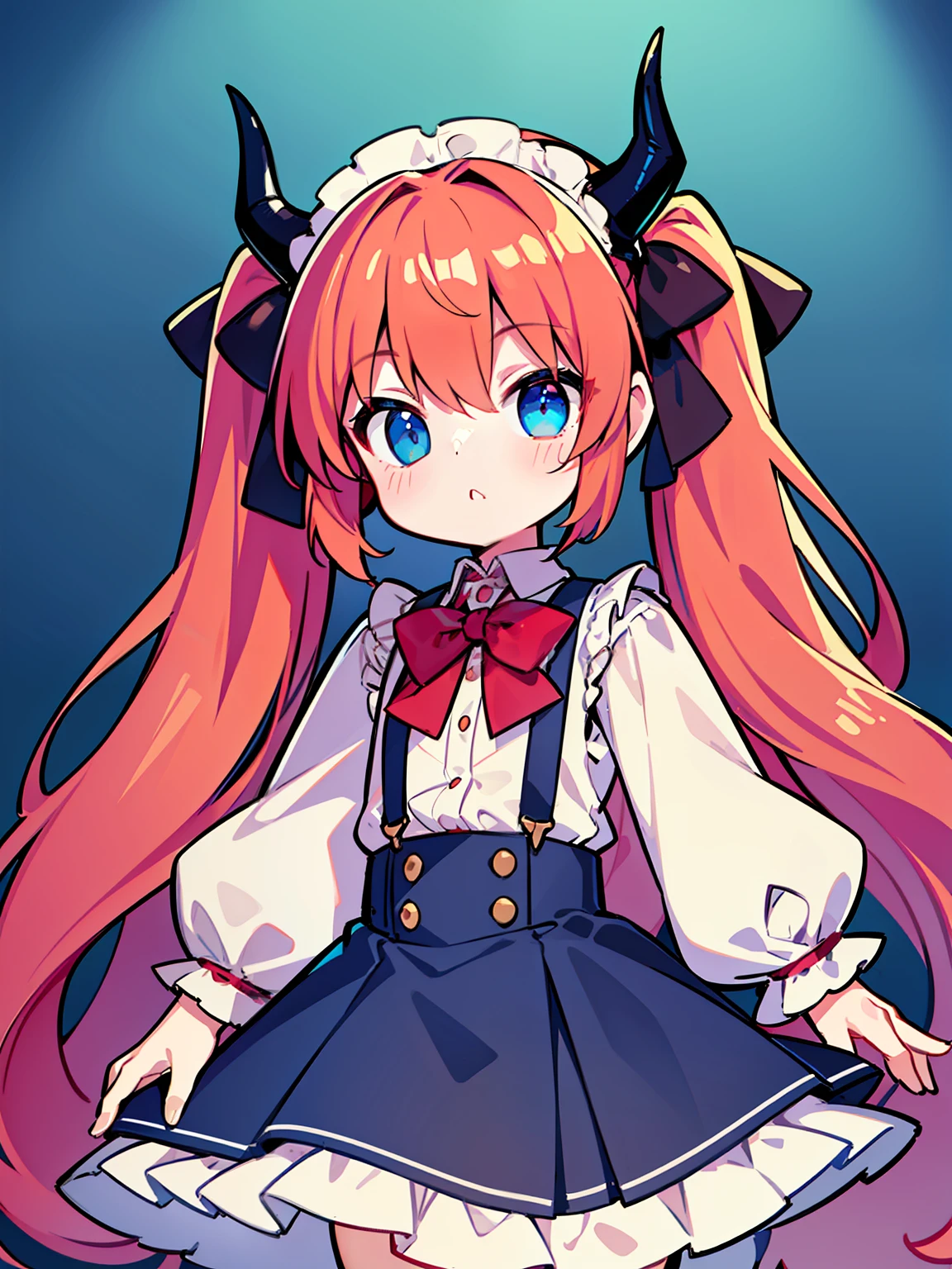 {{best quality}}, {{masterpiece}}, {{ultra-detailed}}, {illustration}, {detailed light}, red hair,blue eyes,twintails,lolita,Suspenders skirt,Fantastic,loli,solo,Dragon horns,little girl,long hair
