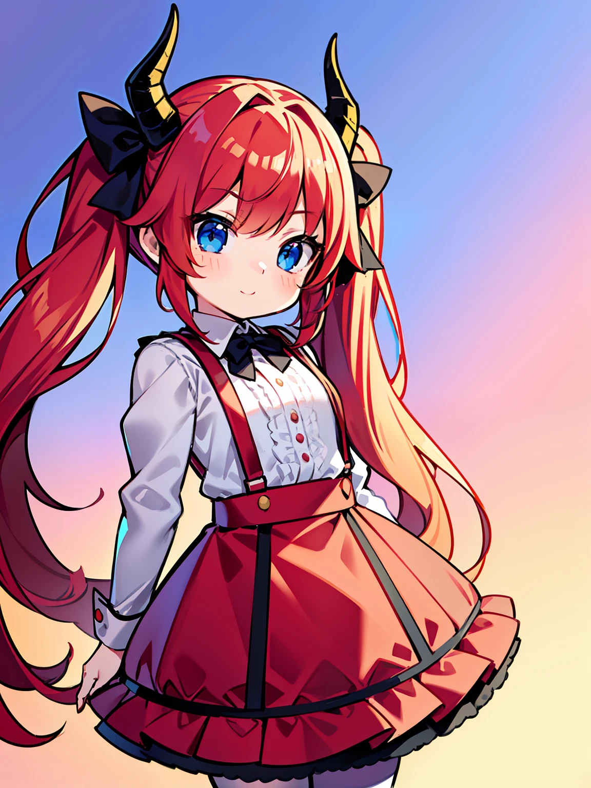 {{best quality}}, {{masterpiece}}, {{ultra-detailed}}, {illustration}, {detailed light}, red hair,blue eyes,twintails,lolita,Suspenders skirt,Fantastic,loli,solo,Dragon horns,little girl,long hair