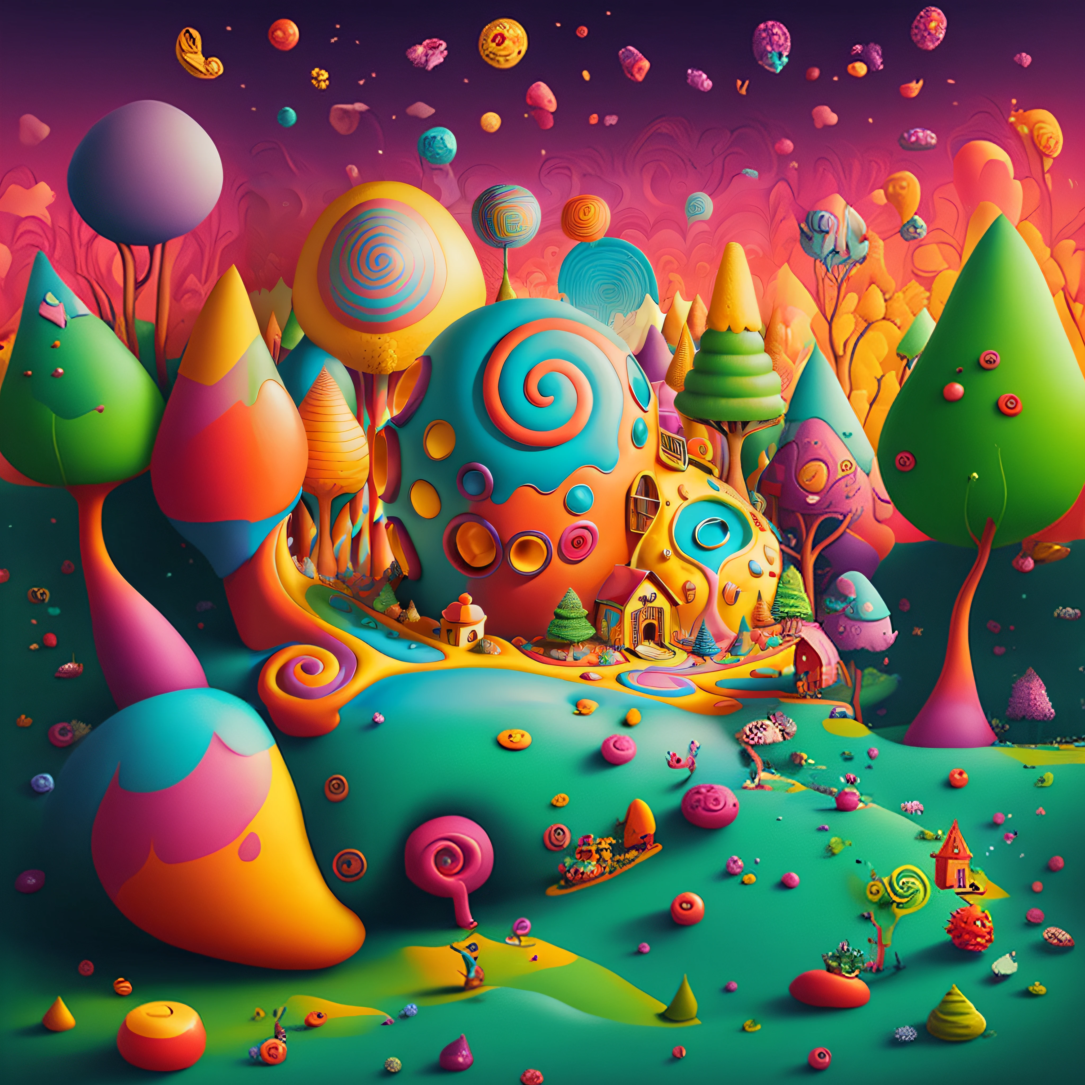 Brightly colored art of a land of sweets with a house and trees, Colorful illustration, Bosque de dulces, whimsical and psychedelic, whimsical fantasy landscape art, Arte de dibujos animados vibrante, surreal psychedelic design, inspirado por Jacek Yerka, psychedelic surreal art, psychedelic illustration, colorfull digital fantasy art, psychedelic art style, Colorful illustration, Arte digital 4K altamente detallado, Arte conceptual colorido