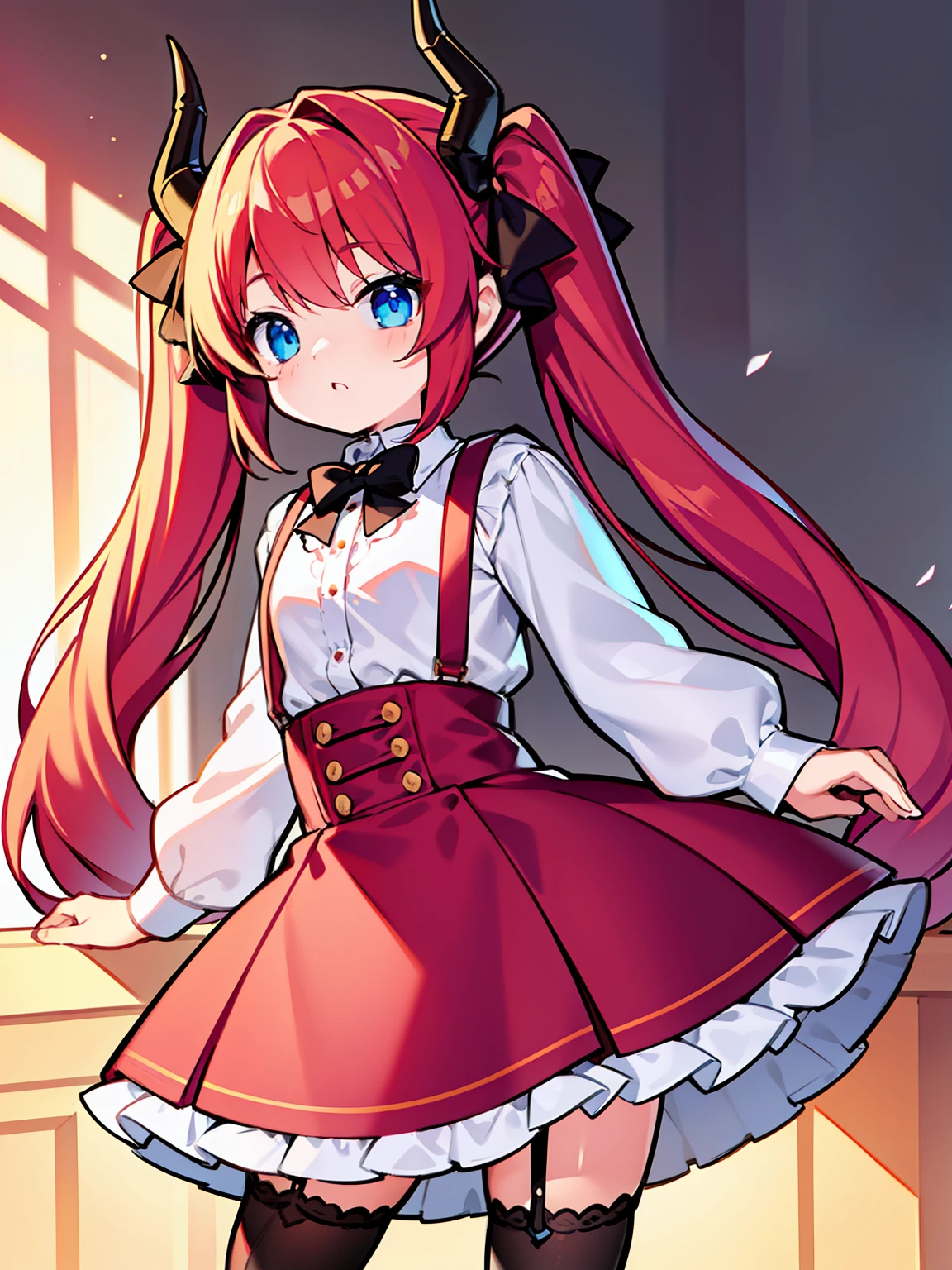 {{best quality}}, {{masterpiece}}, {{ultra-detailed}}, {illustration}, {detailed light}, red hair,blue eyes,twintails,lolita,Suspenders skirt,Fantastic,loli,solo,Dragon horns,little girl,long hair