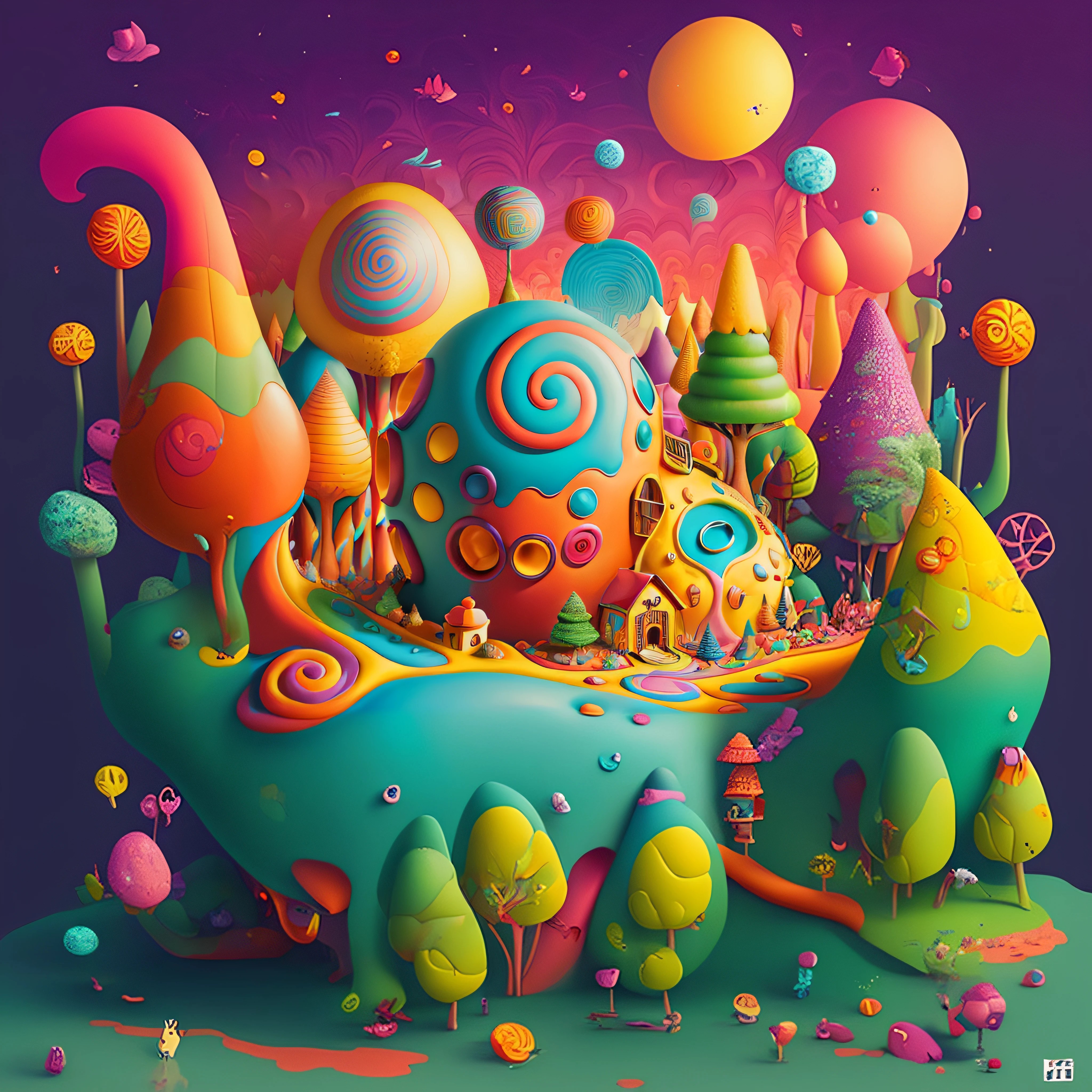 Brightly colored art of a land of sweets with a house and trees, Colorful illustration, Bosque de dulces, whimsical and psychedelic, whimsical fantasy landscape art, Arte de dibujos animados vibrante, surreal psychedelic design, inspirado por Jacek Yerka, psychedelic surreal art, psychedelic illustration, colorfull digital fantasy art, psychedelic art style, Colorful illustration, Arte digital 4K altamente detallado, Arte conceptual colorido