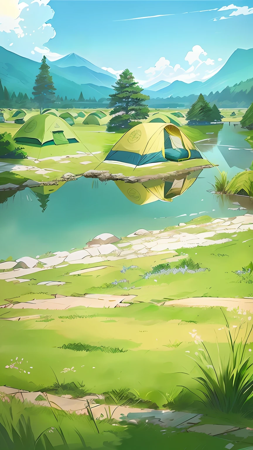 There are many tents sitting on the grass by the water, yuru camp, anime yuru camp,  anime countryside landscape, beautiful anime scenery, environment design illustration, anime landscape wallpapers, Mobile game background，((yurts))