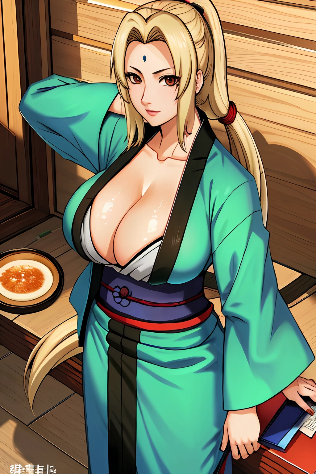 t5un4d3, mark, 1girl, tsunade, Japanese clothes, sash, (very big tits), lewd,