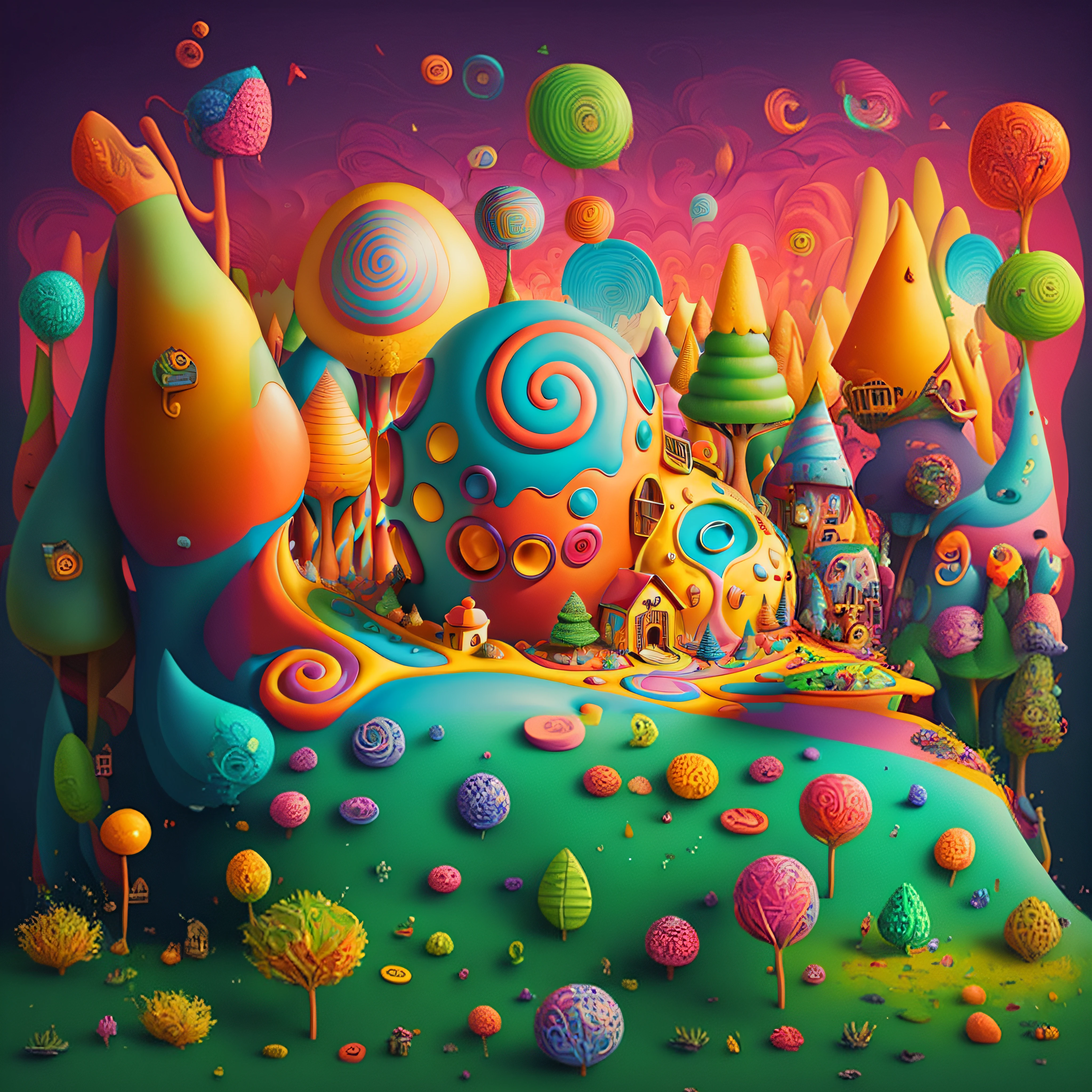 Brightly colored art of a land of sweets with a house and trees, Colorful illustration, Bosque de dulces, whimsical and psychedelic, whimsical fantasy landscape art, Arte de dibujos animados vibrante, surreal psychedelic design, inspirado por Jacek Yerka, psychedelic surreal art, psychedelic illustration, colorfull digital fantasy art, psychedelic art style, Colorful illustration, Arte digital 4K altamente detallado, Arte conceptual colorido
