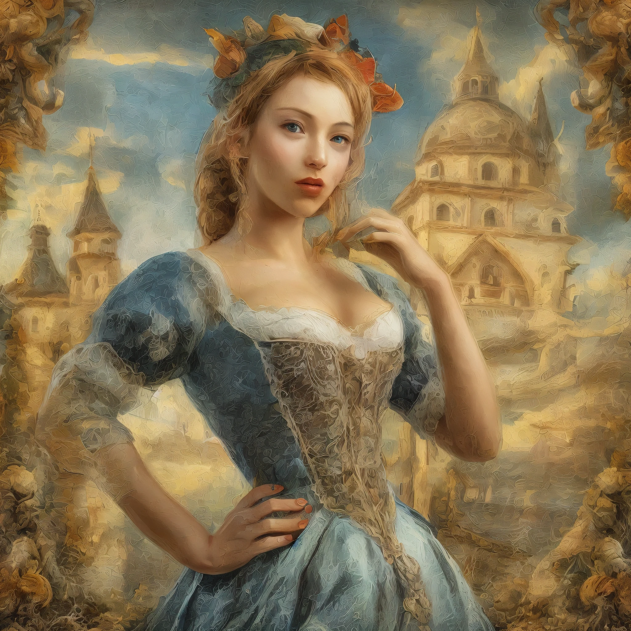 [beste-Qualit, tmasterpiece, extra high resolution, photo-realistic, in the style of pin-up, 1Woman, John Wilhelm:20]Background, intricate Renaissance landscape, higly detailed, impressionism:0.1