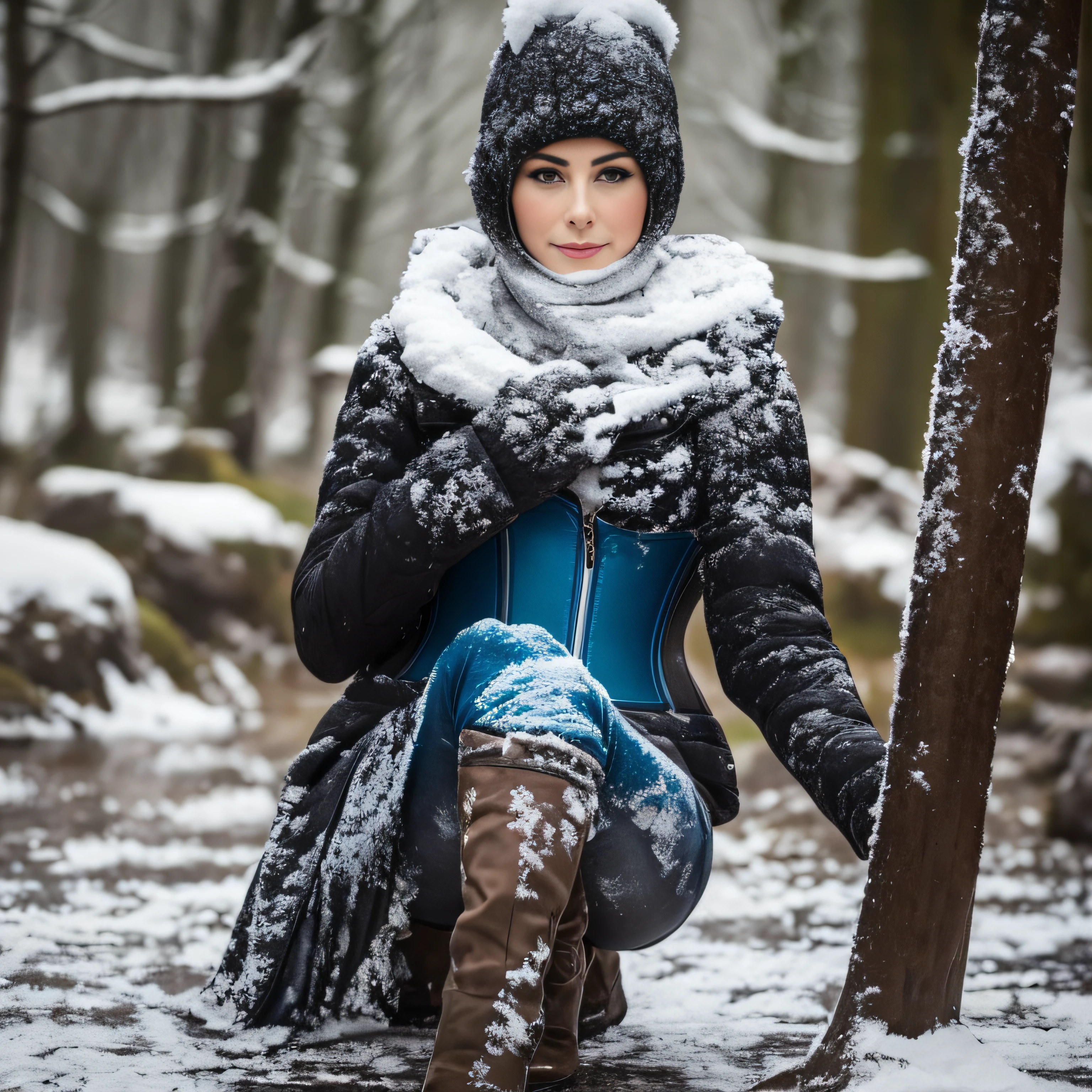 Hyperrealistische Fotografie, a woman in high heels walks through the snow, offener Mund, knallroter Lippenstift, oily, shiny wet skin, high heels smeared with snowmud, chocker mit Schlamm verschmiert, Décolleté smeared with snowmud, Schlammspritzer im Gesicht, das Gesicht ist mit Schlamm und Schneematsch verschmiert, 30-year-old women smeared with snowmud, Lena Meyer Landrut, unterbrust corset mit Schlammspritzer, schwarze lockige Haare mit Schlamm und Schneematsch verschmiert, das Korsett ist mit Schlamm verschmiert, High quality, realistische Beleuchtung, Bildmitte, 8K, HDR, BDSM, medium breast size, lange Beine, professionelle Fotografie einer Frau, natural skin texture smeared with a lot of mud, 4K-Texturen, Adobe Lightroom, Fotolabor, HDR, kompliziert, elegant, sehr detailliert, scharfer Fokus, wahnsinnige Details, komplizierte Details, hyperdetailliert, Helles Kinolicht, Außenatmosphäre, Kinn hochgezogen, (Ansicht from the whole body with high heels)