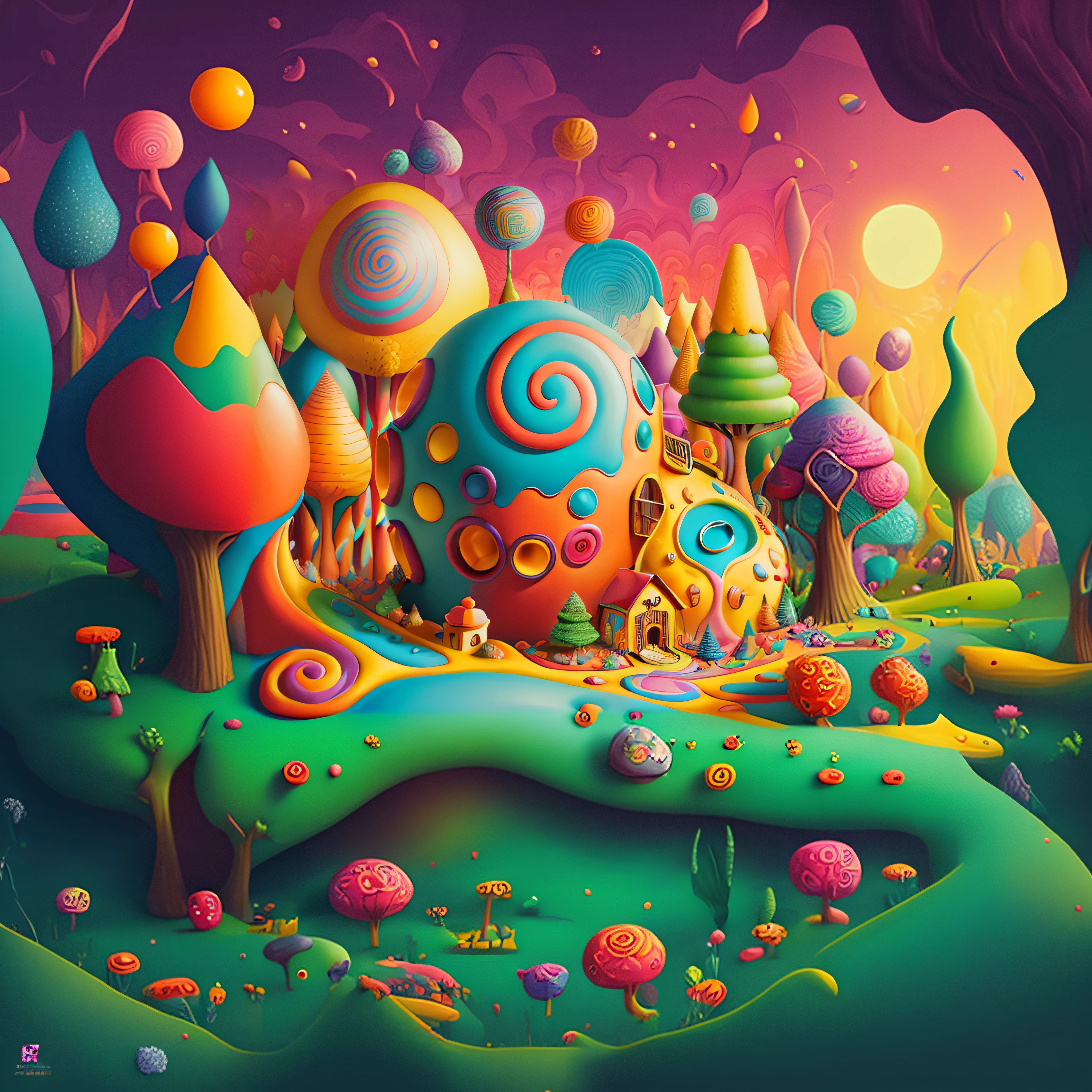 Brightly colored art of a land of sweets with a house and trees, Colorful illustration, Bosque de dulces, whimsical and psychedelic, whimsical fantasy landscape art, Arte de dibujos animados vibrante, surreal psychedelic design, inspirado por Jacek Yerka, psychedelic surreal art, psychedelic illustration, colorfull digital fantasy art, psychedelic art style, Colorful illustration, Arte digital 4K altamente detallado, Arte conceptual colorido
