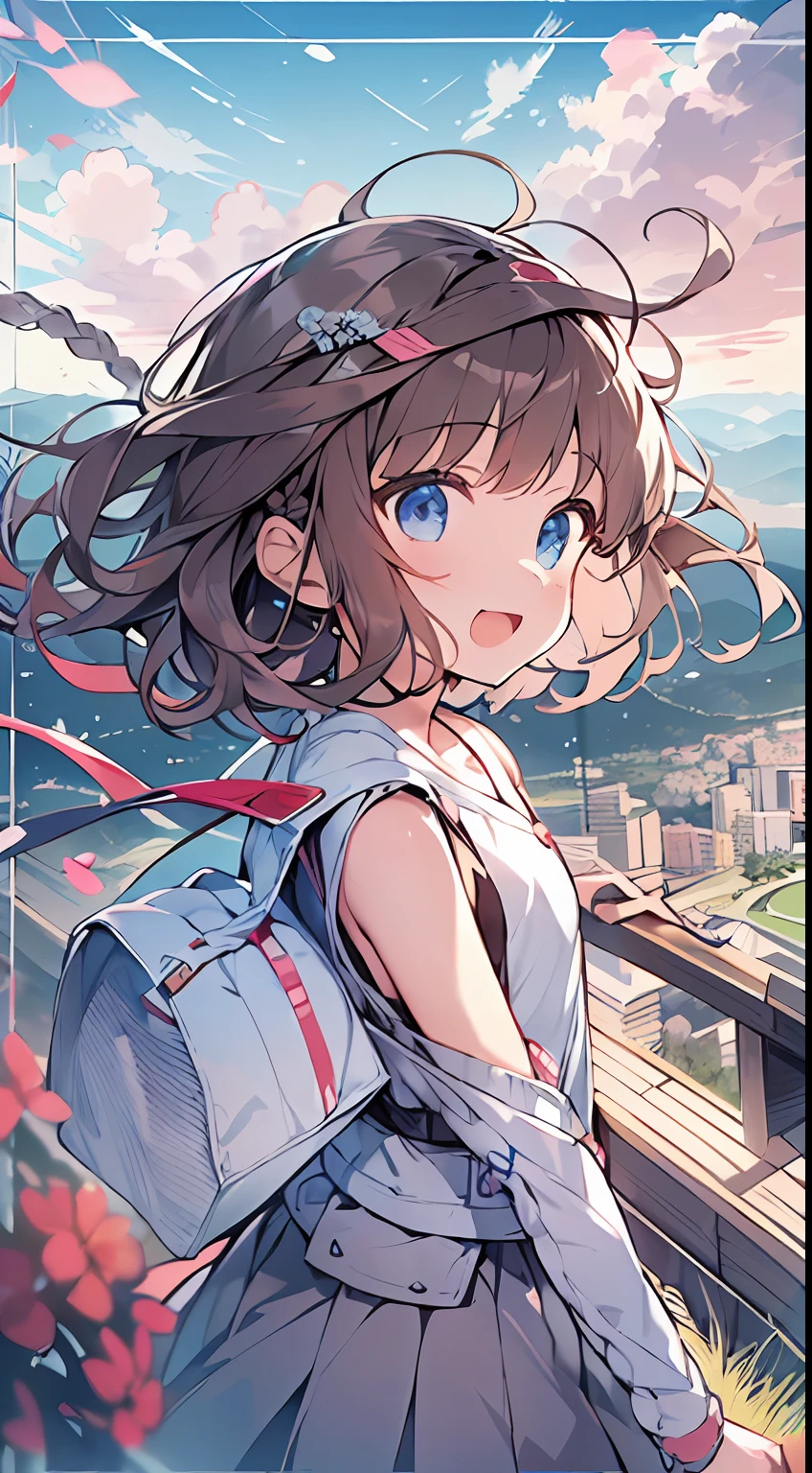 masutepiece, Best Quality,Illustration, Wallpaper, Ultra Detail, absurderes, 1little girl、 Solo, (Medium short hair、short braided hair), Beautiful ultra-detailed eyes , Hair fluttering in the wind、XD、 Beautiful sky、(a panoramic view:1.5)