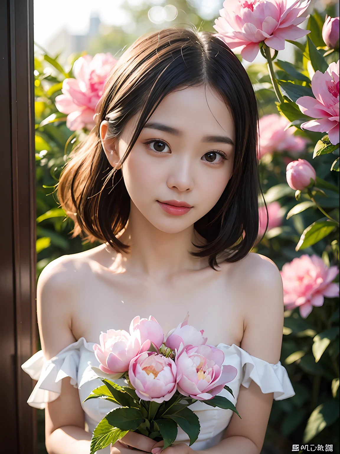 （（（fully body photo））））， （（Single Eyelids））），（（Sunset backlight））），（lens flare glow）），（Wear Republican clothing）），（Super Soft Focus））））））， ssmile， （Configuration file））））， （Upp））， at twilight， Showers， Colorful peony flowers on background， Surrounded by peony flowers， Take peony flowers, for example, For example（（pastel sunset））， （yinchuan：1.5）， tmasterpiece， best qualtiy， RAW photogr， Photorealsitic， the face， beuaty girl，Holding a bouquet of peony flowers cute， short detailed hair， （（（（depth of fields））））， A high resolution， Hyper-detailing， finedetail， Very detailed， cinmatic lighting