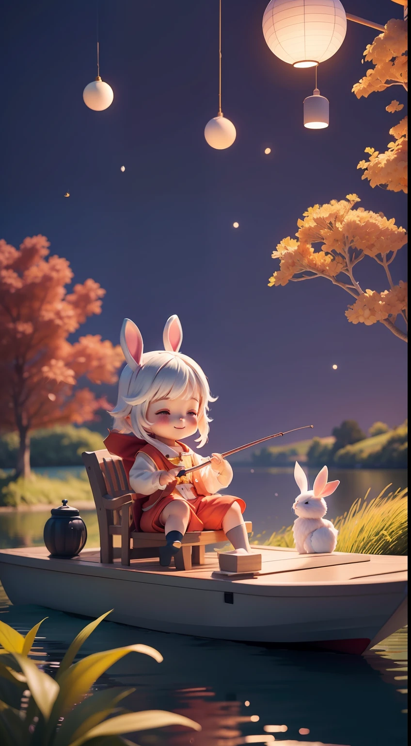 Mid-Autumn Festival, night style, a boy, sitting on a boat fishing with a fishing rod, surrounded by lovely rabbit animals accompanied by the wind blowing through the beautiful scenery, cartoon 3D, oc rendering c4d super details bright color red wall, ambient light, dynamic color scheme, happy expression, happy atmosphere, sunshine of unmanned camera shooting, exquisite character details, healing illustrations, dynamic composition, superelevation,