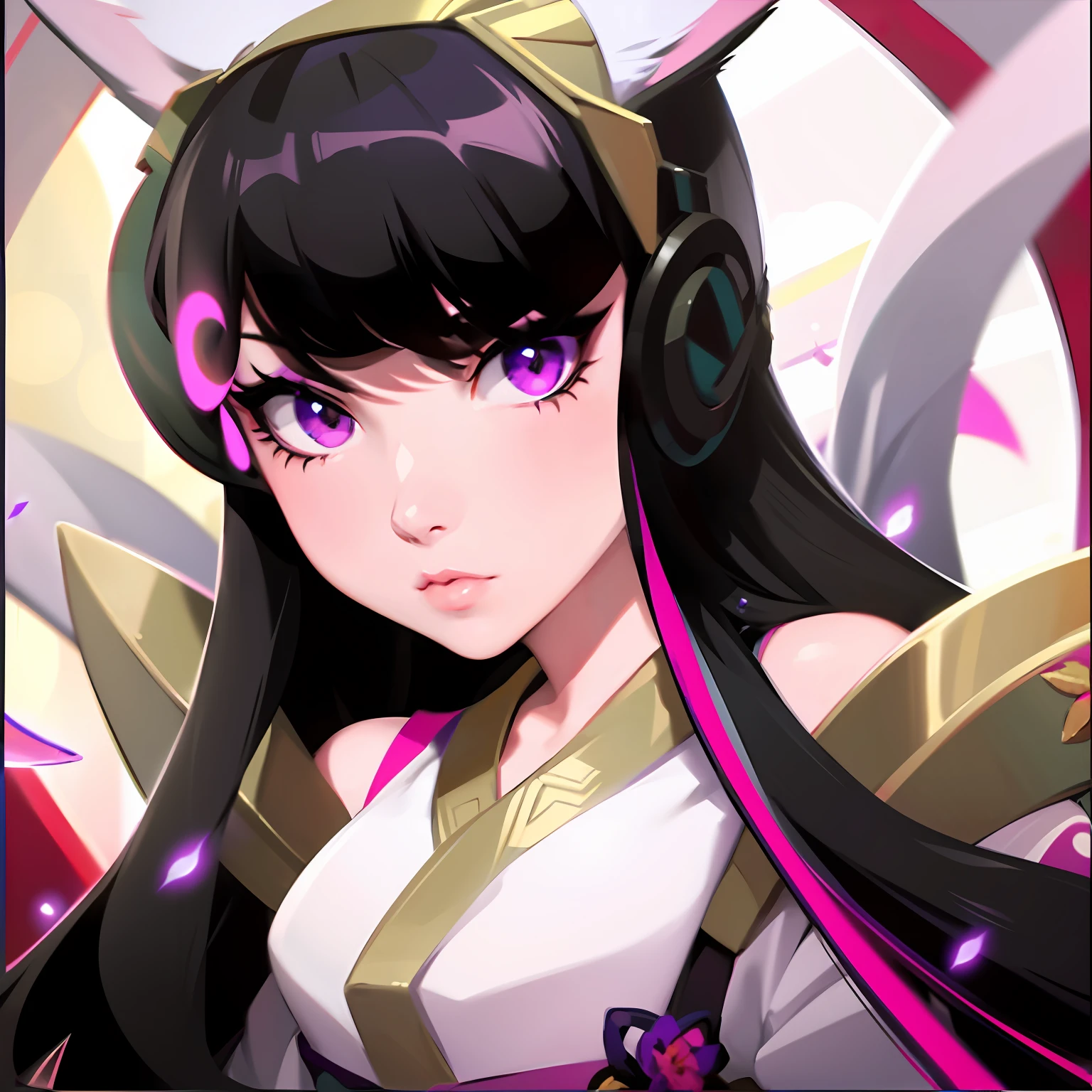 Face focus，A young female mage，Black with purple-red hair，Heavy black eyeshadow，Fuchsia eyes，Water Spirit Nose，Wearing a white kimono