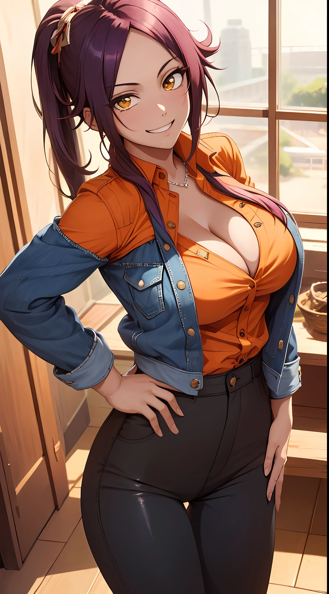 (Masterpiece, Best quality:1.2), Cowboy shot, Solo, 1girll, (cleavage:1.5),shihouin yoruichi, grin, view the viewer, Hands on hips, pony tails, Orange shirt, Long sleeves, Black pants