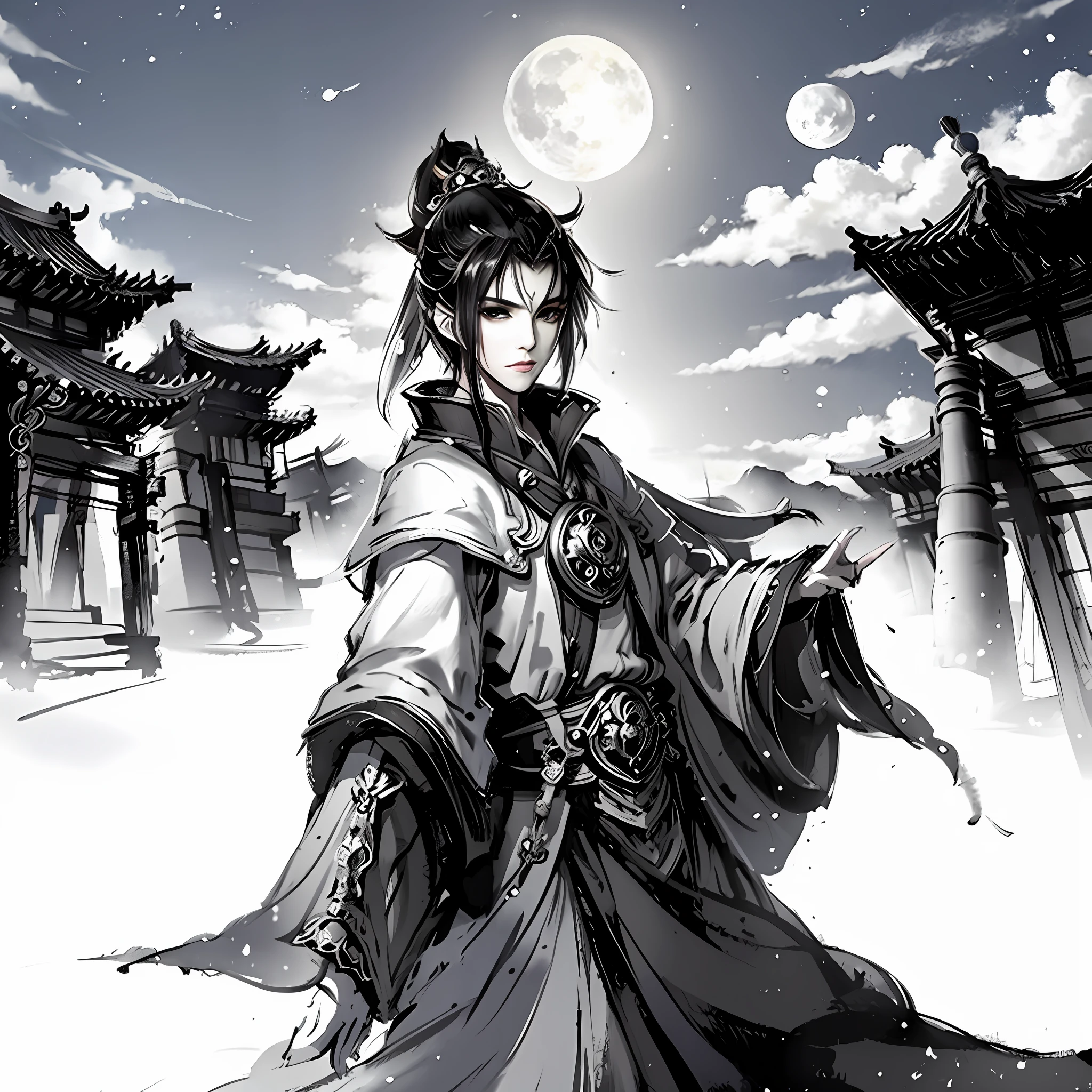 Beautiful avatar,upperbody closeup,Masterpiece, Best quality, Night, hill, Clouds, full moon, Very short hair,glowworm.Ancient style,Chinese man's face