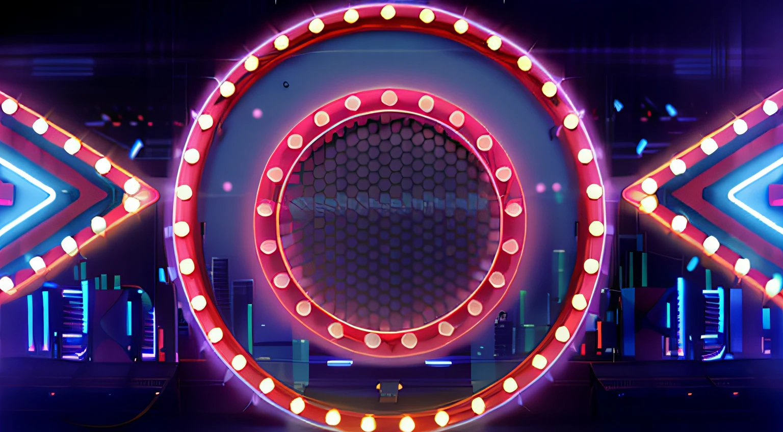 Close-up of neon sign,The background is a city, round background, neon lights in background, symmetrical neon rim light, Neon lights in the background, neon circles, light circles, Stage background, neon background lighting, Neon frame lights, Neon electronic signage, neon signs in background, light looping, nightclub background, Artificial neon signs, Stage Liggett