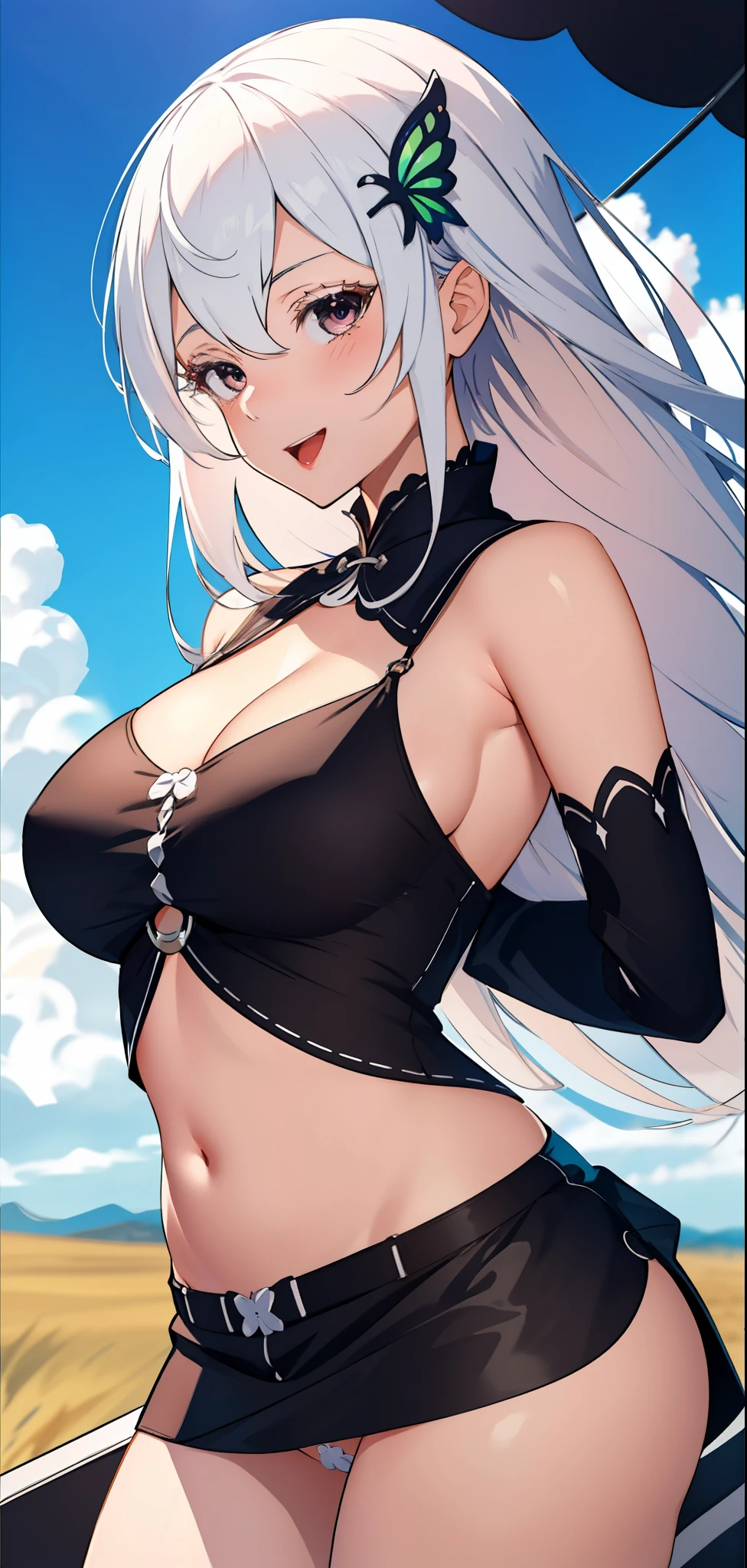 masterpiece, best quality, (colorful), (delicate eyes and face), volumetric light, ray tracing, extremely detailed CG unity 8k wallpaper, nude, echidna, 1girl, white hair, brown eyes, hair ornament, eyelashes, (colored eyelashes:1.1), cleavage, looking at viewer, seductive smile, hand on own face, captivating pose, simple background, full body, yummy art , best quality art, open mouth, 1girl, from below,add_detail:0.5>, highres, perfect anatomy, uncensored, (miniskirt:1.2), midriff, underboob,(hairpin:1.05), (arms behind back:1.1), no panties, cameltoe
