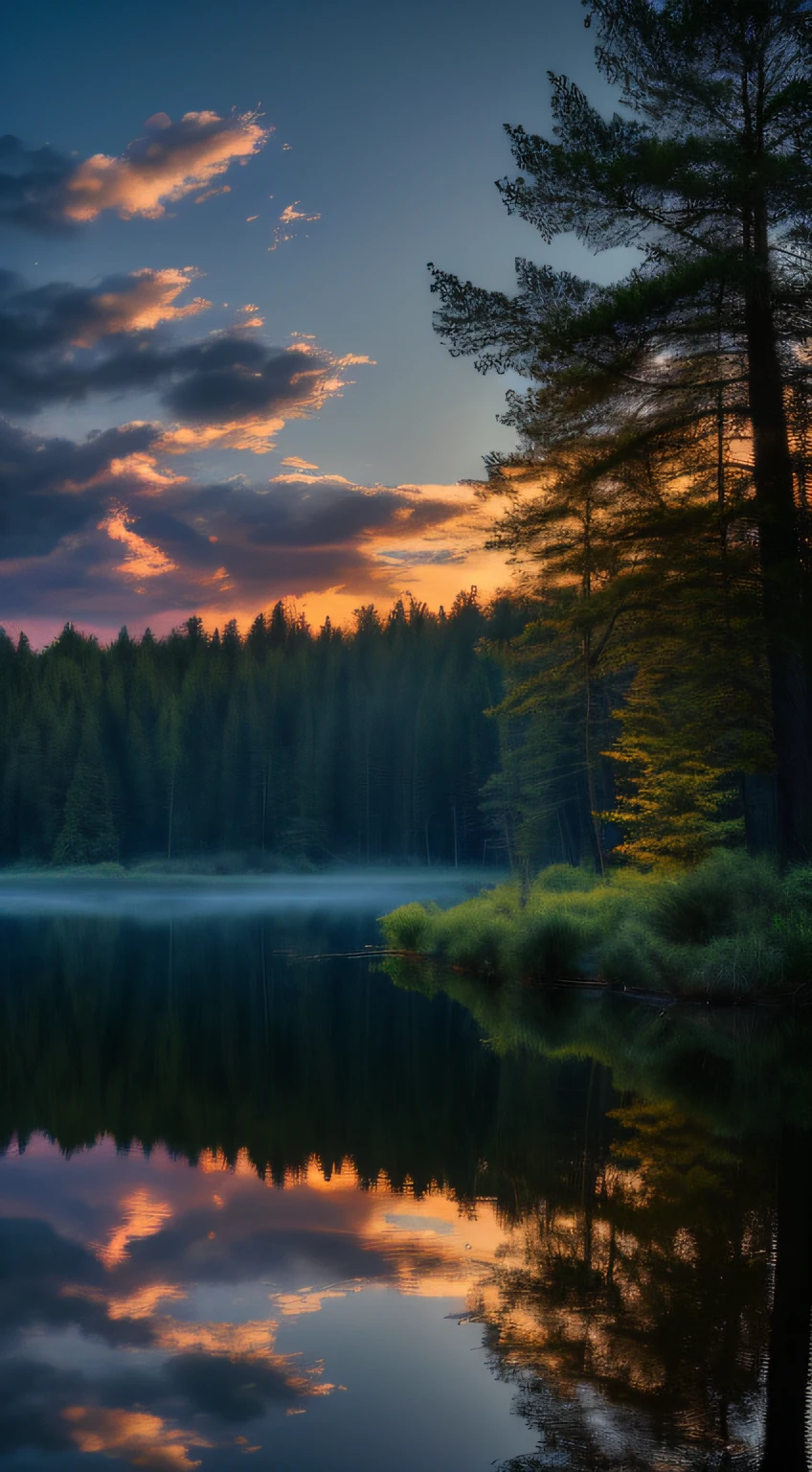 wallpaper, summer, lake, dawn, forest, detailed forest, clouds, masterpiece, cinematic, soft light, depth of field, ray tracing, reflection in water, realism, ulra detailed,