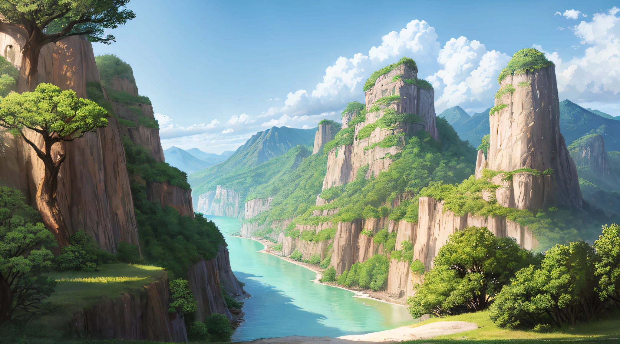 In the spring morning, a Chinese landscape painting, a big river and mountains on both sides,photography, natural-light, high detail, hyper quality, high resolution, hyperrealism, surrealism, HD, 8K, 16K, unreal, bird's-eye, large-format, aerial,