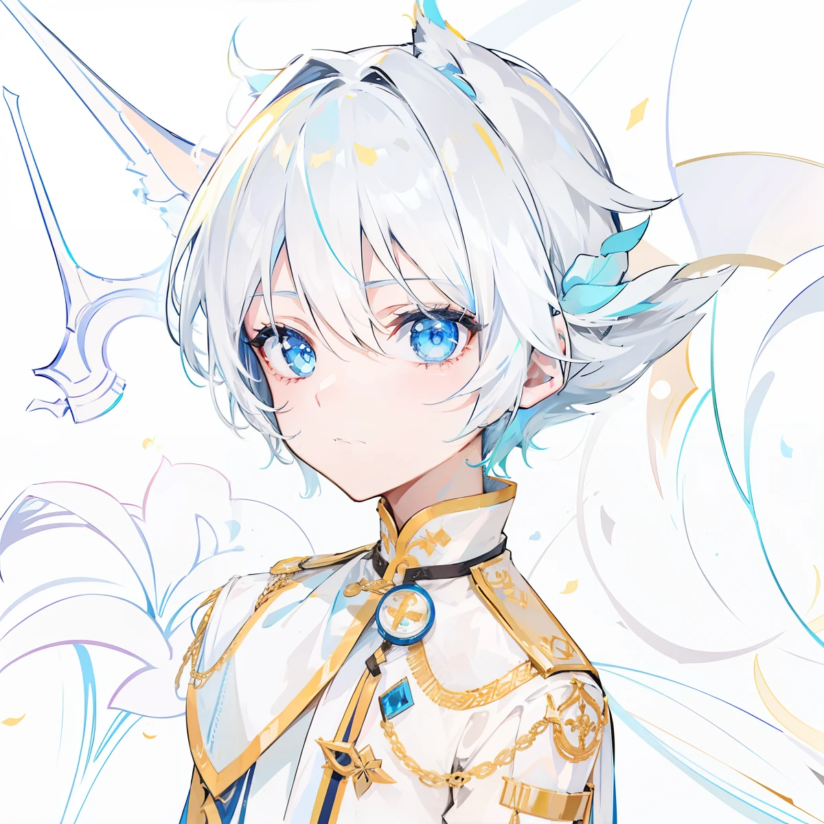 The boy with white hair,Fin ears,Bright blue eyes,Cute and cute。