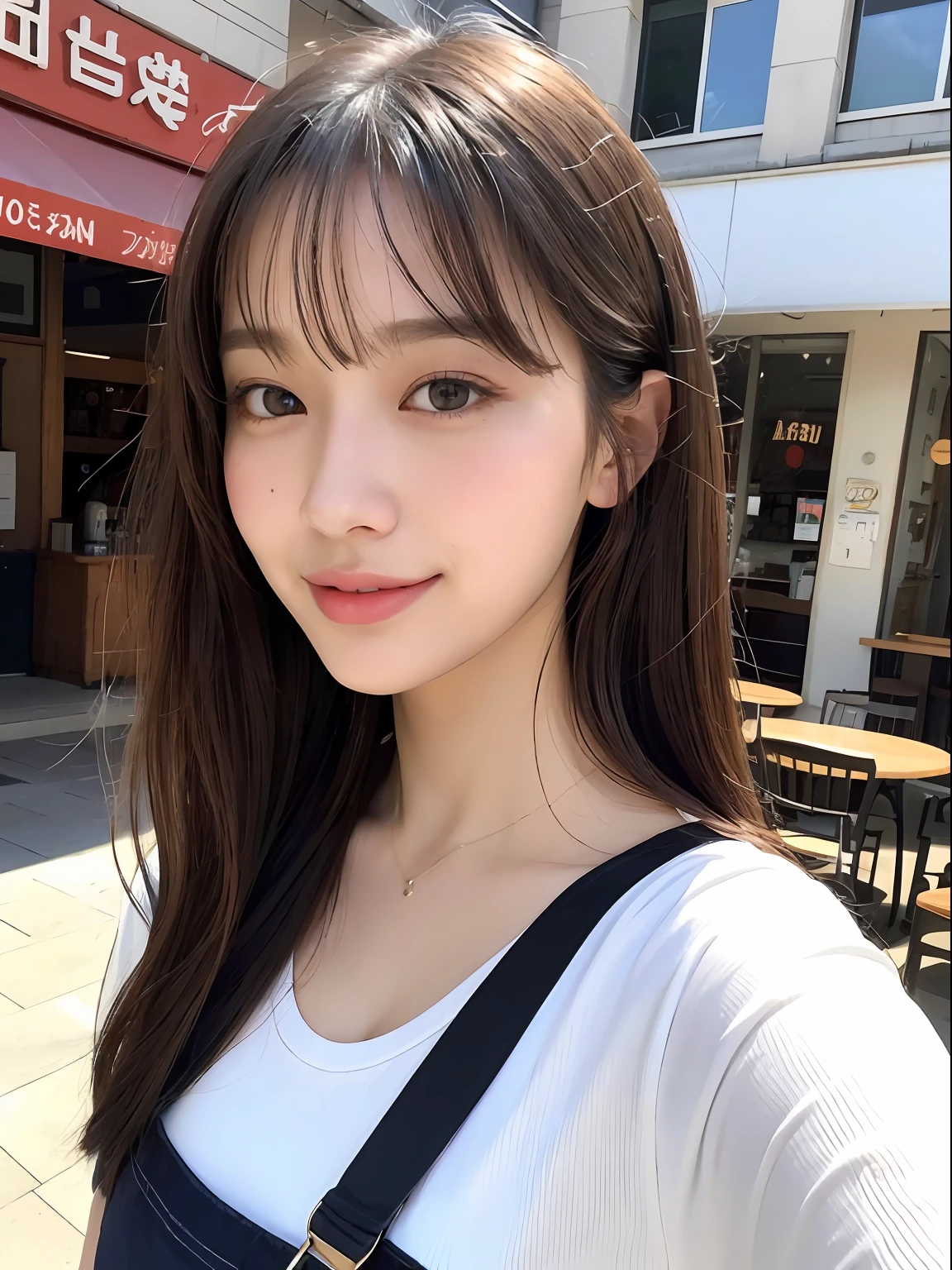 (8K、Raw photography、top-quality、masuter piece:1.2)、ultra-detailliert、ultra res、(realisitic、rialistic photo:1.37)、portlate、high-definition RAW color photography、Professional Photography、highly detailed and beautiful、ighly detailed、8K Picture Wallpaper、amazing detailed、huge filesize、Official art、Highly detailed CG Unity 8K wallpapers、highly detailed beautiful girl、extra detailed face、extremely detailed eye、highlydetailed skin、extremely detailed fingers、highly detailed nose、very detailed detailed mouth、Perfect Anatomy、highly detailed back ground、Highly detailed clothing、女の子 1 人、(18:1.2)、Teen、Cute little girl s、famous Japan idol、cute little、Realistic body、小柄、de pele branca、glistning skin、Slim body、Handsome body、brown haired、Constricted curly hair、(Blunt bangs:1.2)、A smile、kawaii、zora々Right、kawaii faces、Lifelike face、Delicat eyes、Sauce order、Onepiece、skirt by the、耳Nipple Ring、Looking at the camera、cowboy  shot、front facing、Standing、Contrapo, high street, public, 动态照明,Inside the café