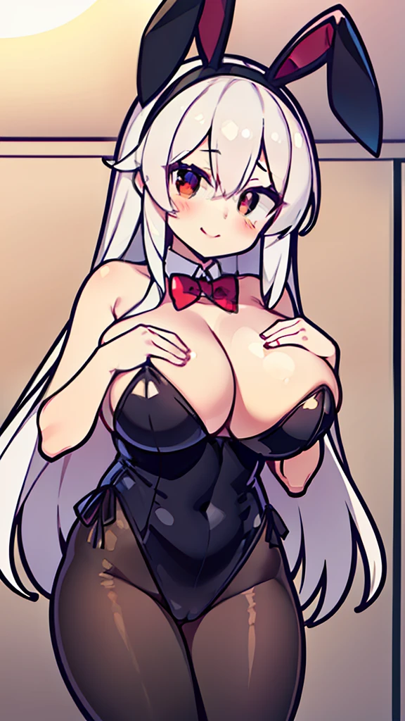 masterpiece, best quality, highres k, professional artwork, clean, cinematic lighting, beautiful eyes + detail, beautiful hair + detail, (young female body:1.4), ( brlactation), absurdres, bunny ears headband, black leotard, black pantyhose, bowtie, cowboy shot, detached collar, white hair, bang diffe, (eyes red), seductive smile, blush, bedroom