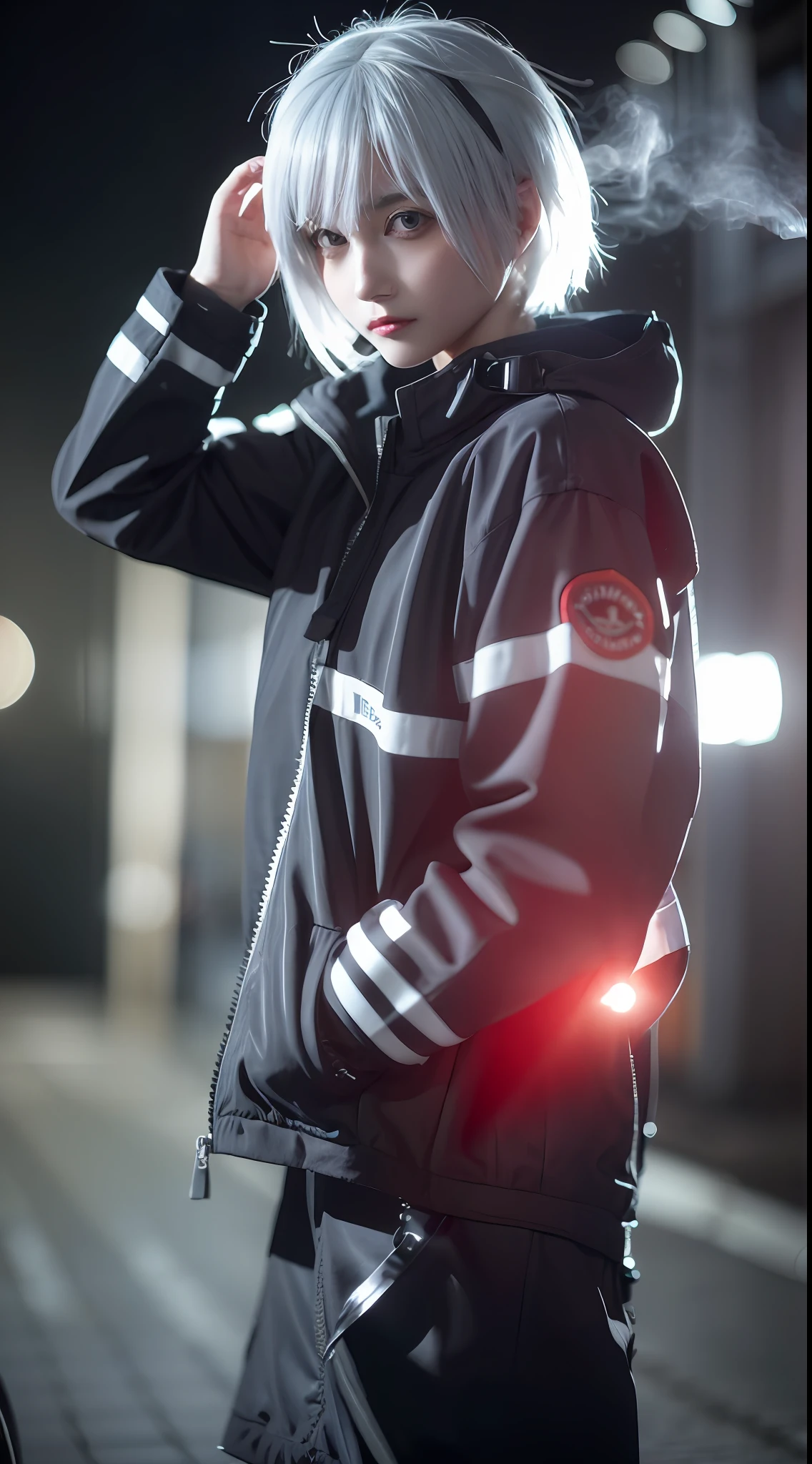 1girl, helmet, hood, solo, spacesuit, short_hair, bangs, jacket, upper_body, white_hair, bag, blurry, coat, grey_eyes, blurry_background, backpack, zipper, urban techwear, smoking,