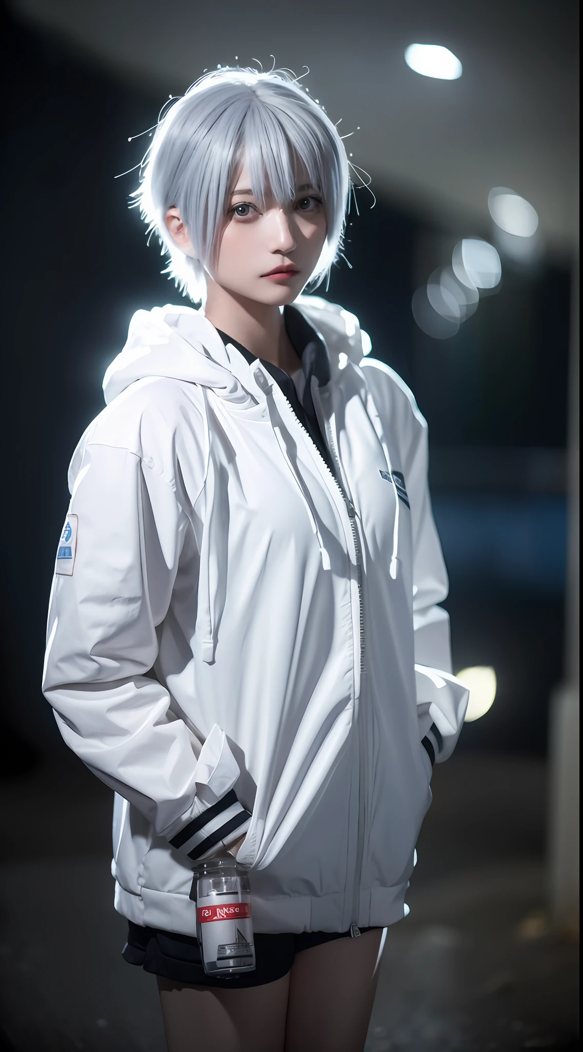 1girl, helmet, hood, solo, spacesuit, short_hair, bangs, jacket, upper_body, white_hair, bag, blurry, coat, grey_eyes, blurry_background, backpack, zipper, urban techwear, smoking,