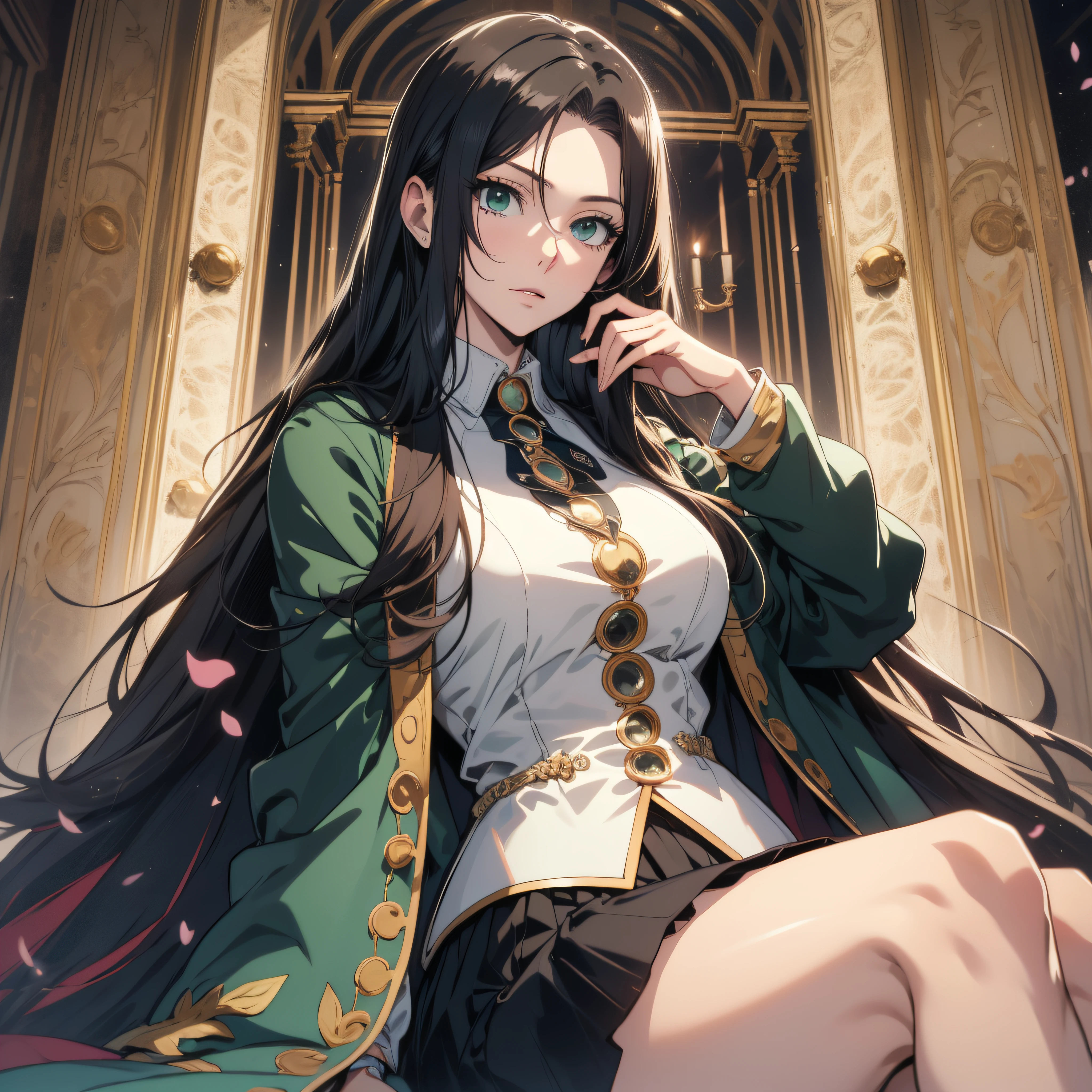 (best quality, masterpiece, ultra-detailed, extremely detailed, highres), 18 years old Anime girl, long raven hair, slightly wavy hair, parted bangs, Magus, green eyes, long black coat, white shirt, black skirt, aristocrat, noble attire, beautiful, ethereal, classic, royal building