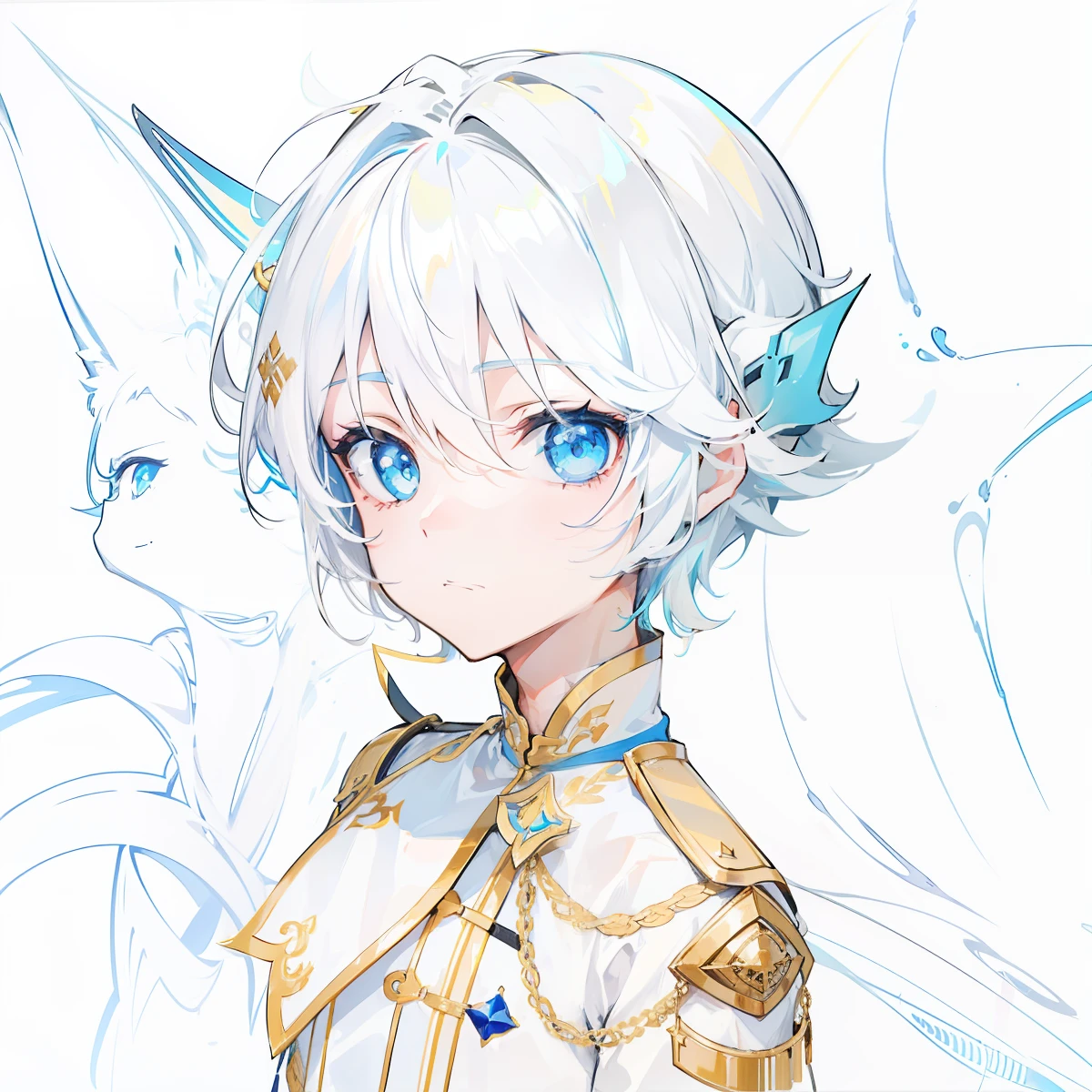 The boy with white hair,Fin ears,Bright blue eyes,Cute and cute。
