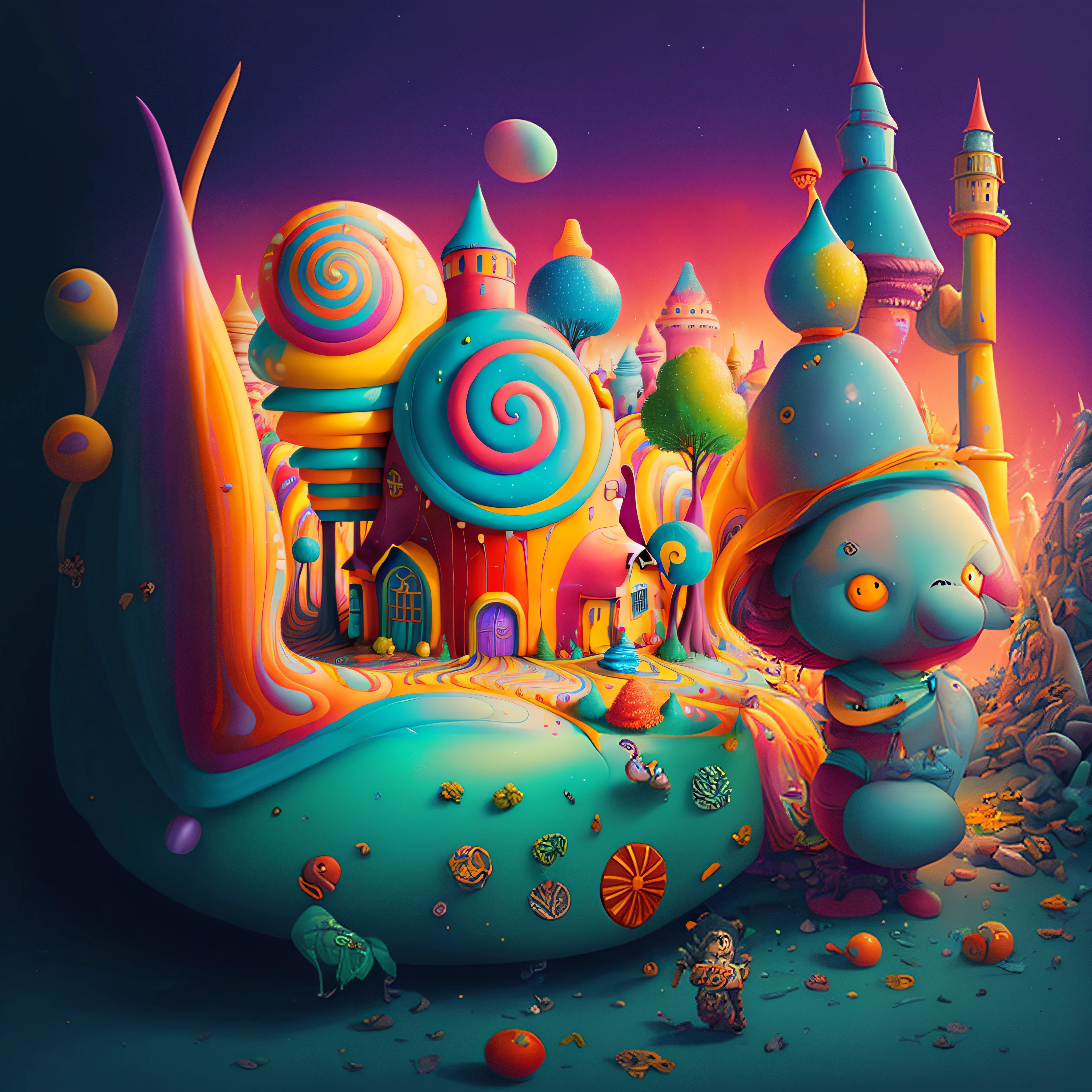 Brightly colored fantasy land with a candy house and candy train, Bosque de dulces, Colorful illustration, inspirado por Jacek Yerka, whimsical fantasy landscape art, Jen Bartel, en una casa estilo tierra de caramelos, Arte de dibujos animados vibrante, Colorful illustration, Tierra de caramelos, Candyland, Arte conceptual colorido, Arte digital 4K altamente detallado, Por Justin Gerard, whimsical and psychedelic
