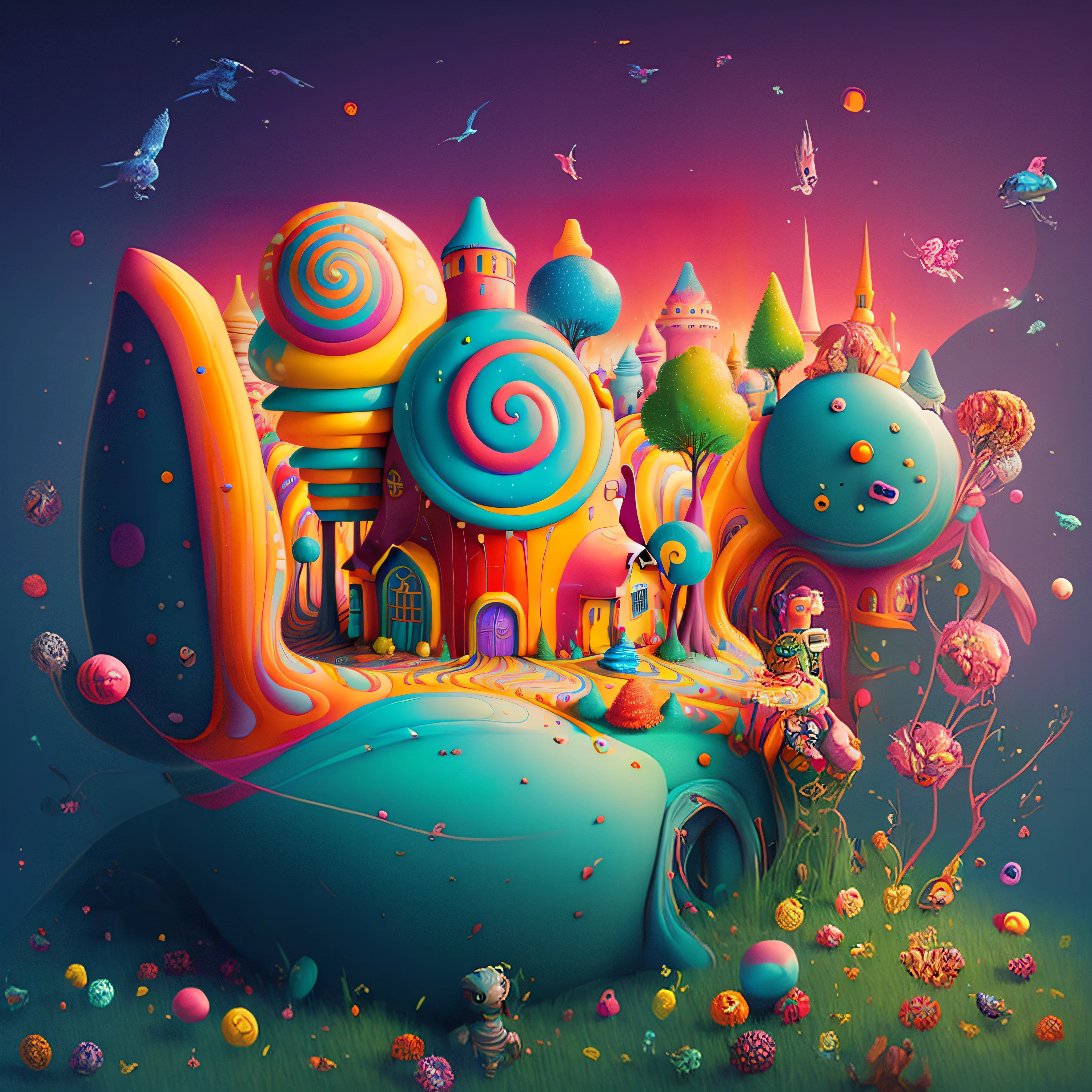 Brightly colored fantasy land with a candy house and candy train, Bosque de dulces, Colorful illustration, inspirado por Jacek Yerka, whimsical fantasy landscape art, Jen Bartel, en una casa estilo tierra de caramelos, Arte de dibujos animados vibrante, Colorful illustration, Tierra de caramelos, Candyland, Arte conceptual colorido, Arte digital 4K altamente detallado, Por Justin Gerard, whimsical and psychedelic