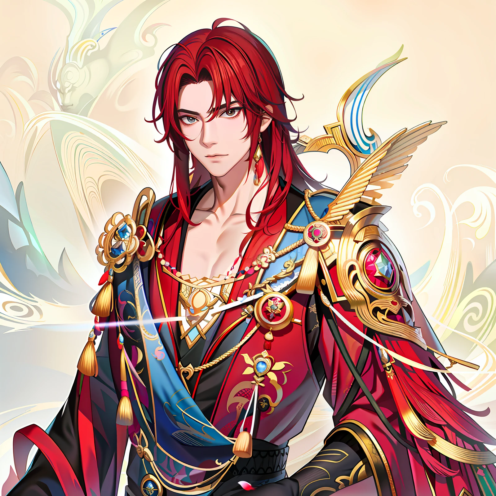 asian man,Works of masters,Best picture quality,Higher quality,high detal, 超高分辨率, 8K分辨率, depth of fields, cinematic photogtaphy, intricately details, carefully, meticuloso, glorious, max detail, extreme beautiful,(((1 man, 独奏))), A picture, tmasterpiece, (Best picture quality), Higher quality, high detal, 超高分辨率, in a panoramic view, Exquisite facial features, s the perfect face,Style illustration of a man with red hair and red cape, Beautiful androgynous prince, Delicate androgynous prince, zhongli from genshin impact, by Yang J, heise jinyao, Inspired by Huang Shen, handsome guy in demon killer art, Keqing from Genshin Impact, G Liulian art style, xianxia hero