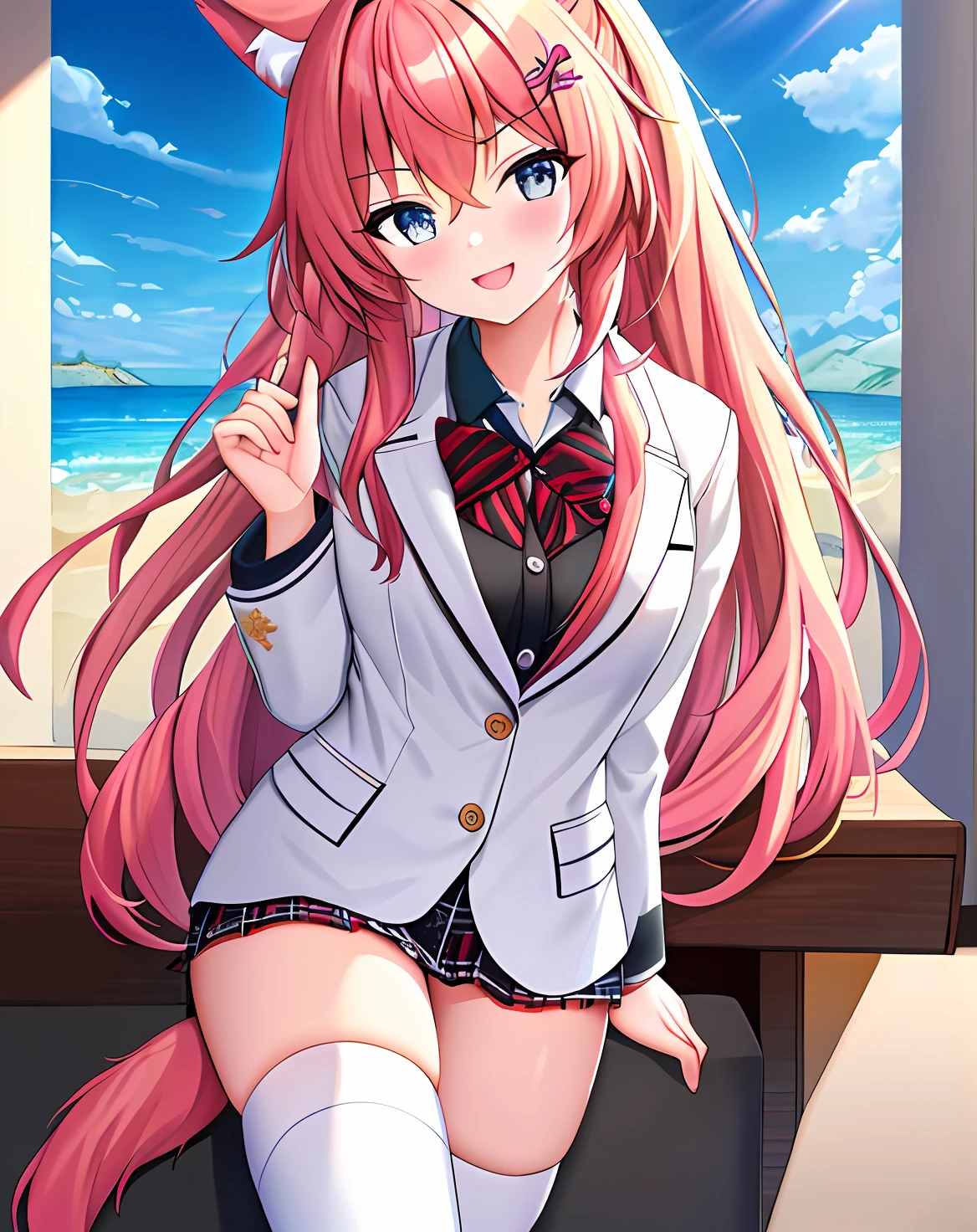 masterpiece,((best quality)),(extremely detailed CG unity 8k wallpaper), 1girl,highres, animal_ears, tail,hair_ornament,long_hair,small_breasts, open_mouth, blush, looking_at_viewer, bare_shoulder, smile, solo ,look at viewer,colored_hair ,long_hair,  eyebrows_visible_through_hair, hair_between_eyes, school uniform,white jacket,(legwear)