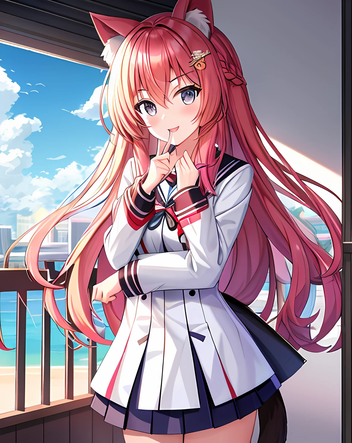 masterpiece,((best quality)),(extremely detailed CG unity 8k wallpaper), 1girl,highres, animal_ears, tail,hair_ornament,long_hair,small_breasts, open_mouth, blush, looking_at_viewer, bare_shoulder, smile, solo ,look at viewer,colored_hair ,long_hair, eyebrows_visible_through_hair, hair_between_eyes, school uniform,white jacket,(legwear)