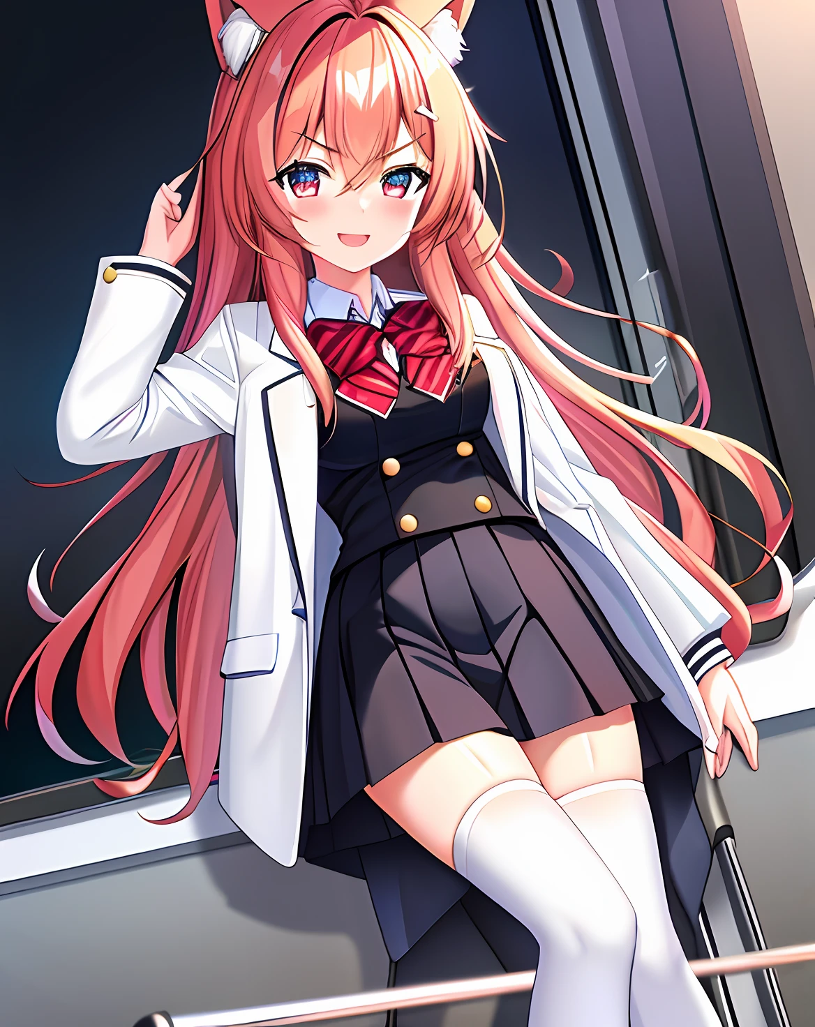 masterpiece,((best quality)),(extremely detailed CG unity 8k wallpaper), 1girl,highres, animal_ears, tail,hair_ornament,long_hair,small_breasts, open_mouth, blush, looking_at_viewer, bare_shoulder, smile, solo ,look at viewer,colored_hair ,long_hair, eyebrows_visible_through_hair, hair_between_eyes, school uniform,white jacket,(legwear)