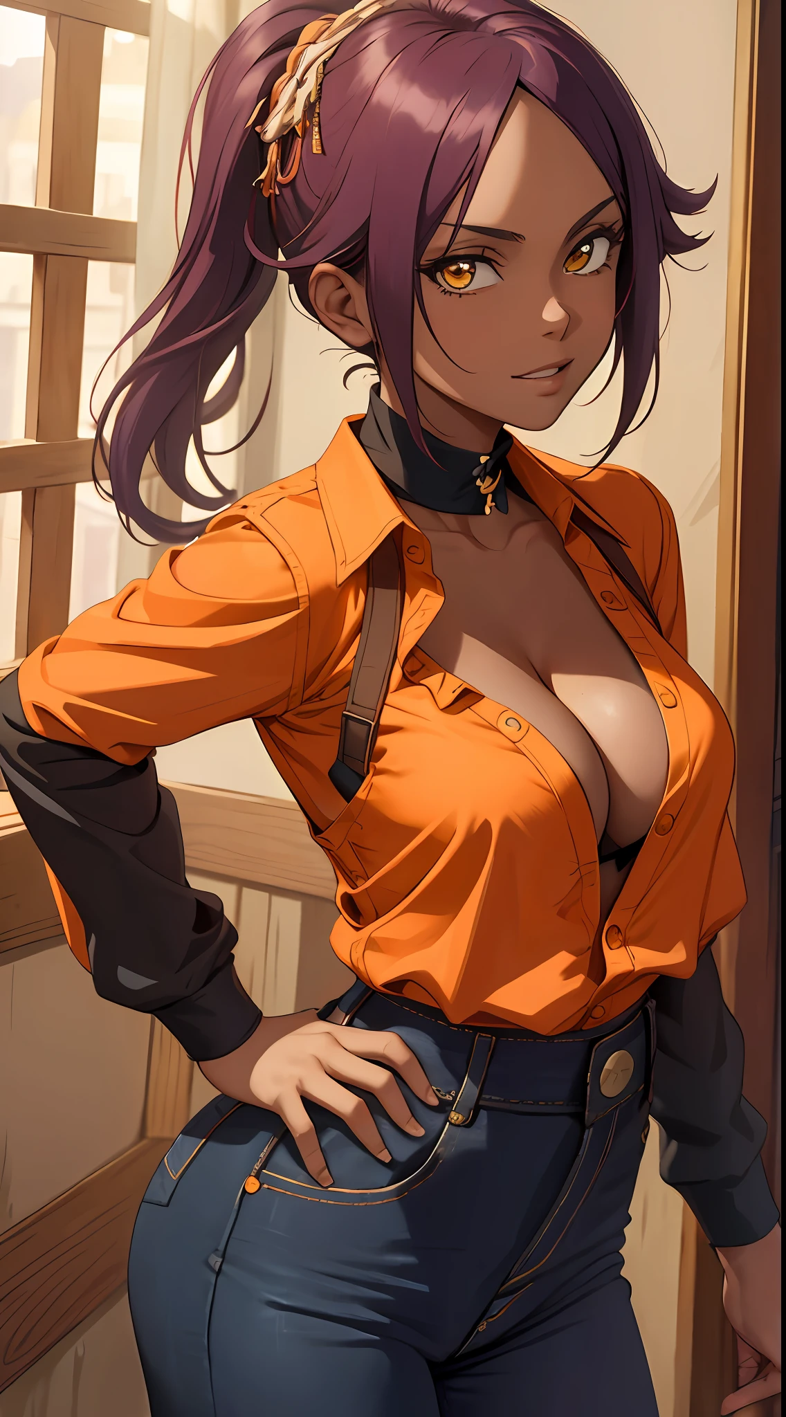 (Masterpiece, Best quality:1.2), Cowboy shot, Solo, 1girll, (cleavage:1.5),shihouin yoruichi, view the viewer, Hands on hips, pony tails, Orange shirt, Long sleeves, Black pants,Dark skin