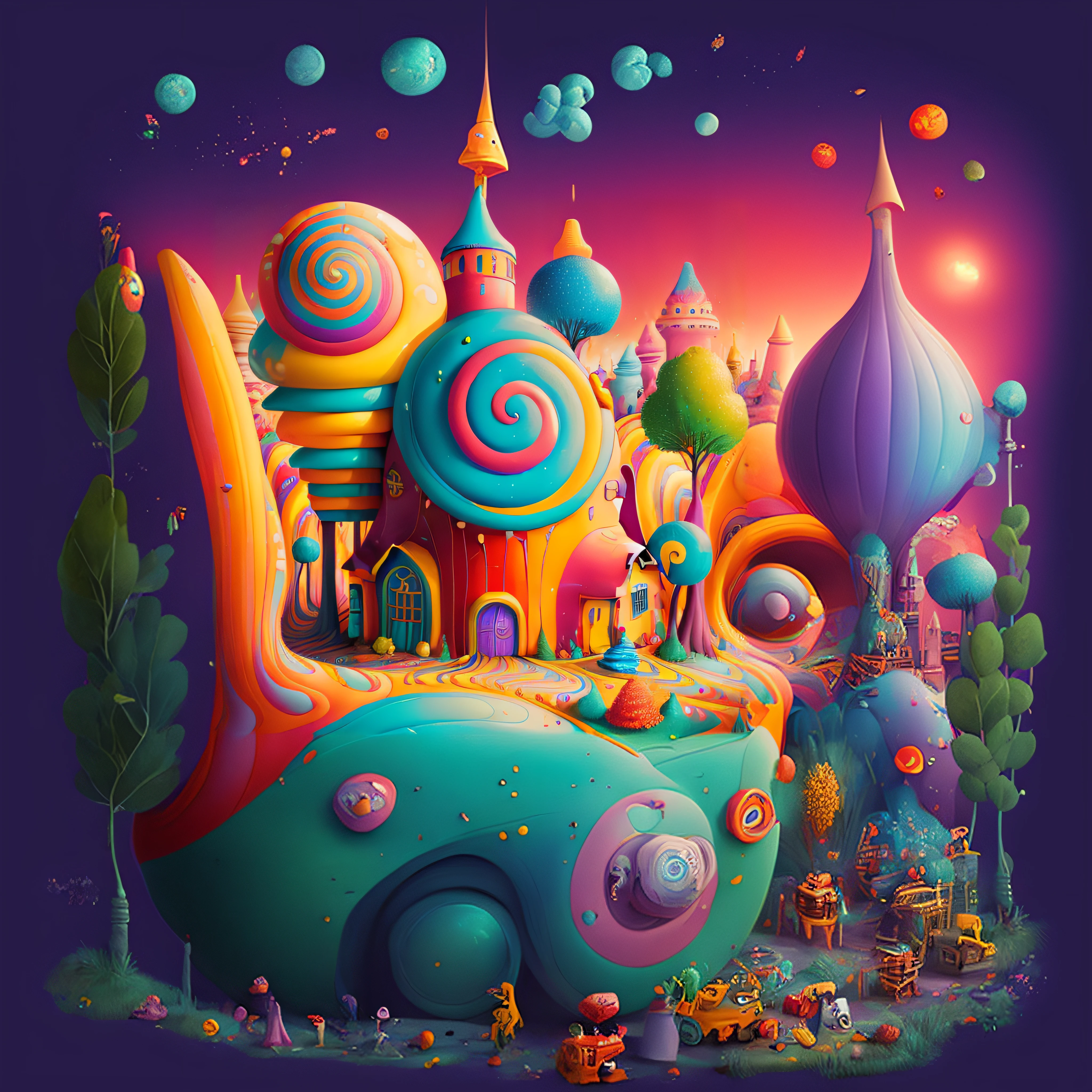 Brightly colored fantasy land with a candy house and candy train, Bosque de dulces, Colorful illustration, inspirado por Jacek Yerka, whimsical fantasy landscape art, Jen Bartel, en una casa estilo tierra de caramelos, Arte de dibujos animados vibrante, Colorful illustration, Tierra de caramelos, Candyland, Arte conceptual colorido, Arte digital 4K altamente detallado, Por Justin Gerard, whimsical and psychedelic