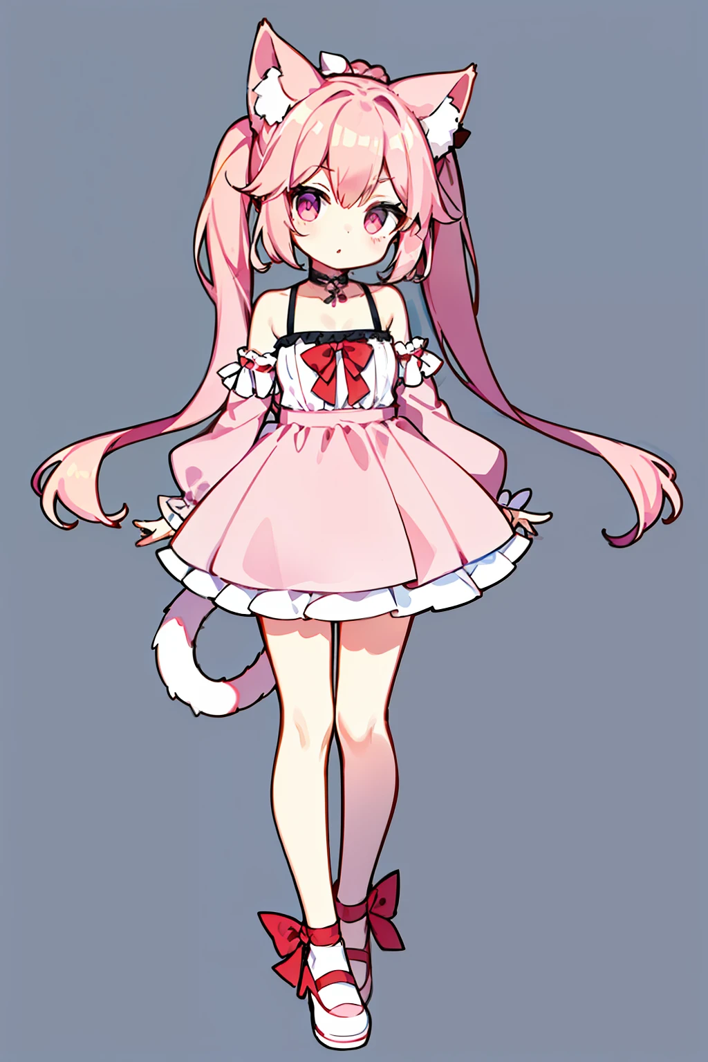 Chattotori, 1girll, pink sleeve, 独奏,Cat ears, Long ponytail,Gorgeous cake dress, full bodyesbian,adolable, a skirt, looking at viewert, shift dresses, exposed bare shoulders, Bare legs, Beautiful detailed eyes, Be red in the face, standing on your feet, 鎖骨, No shoulder strap, bucket-hat, Footwear, leges, frilld, flatchest, short skirt, Bow knot, longer sleeves, arms at sides, beatiful background,