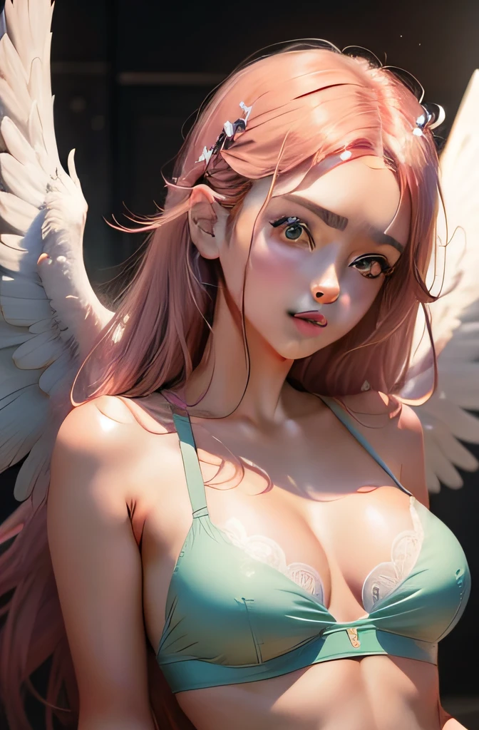 Anime - style image of a woman in a bra top and angel wings, Anjo majestoso de corpo inteiro, anjo feminino bonito, 21 ano, bonita do anjo do ciborgue, meninajo, Asas angelicais nas costas, anjo bonito, menina animeora, Arte no estilo de Guweiz, de anjo lindo, mulher bonita sedutora do anime