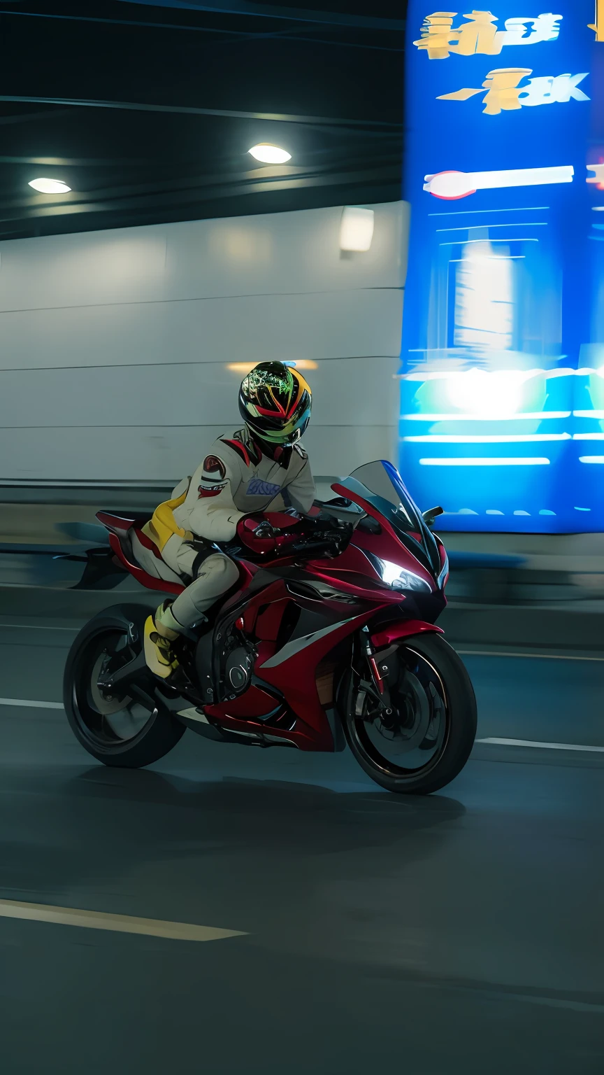 There was a woman on a motorcycle on the street at night, Background bokeh,speeding,Machine armour wind,cyber punk perssonage
