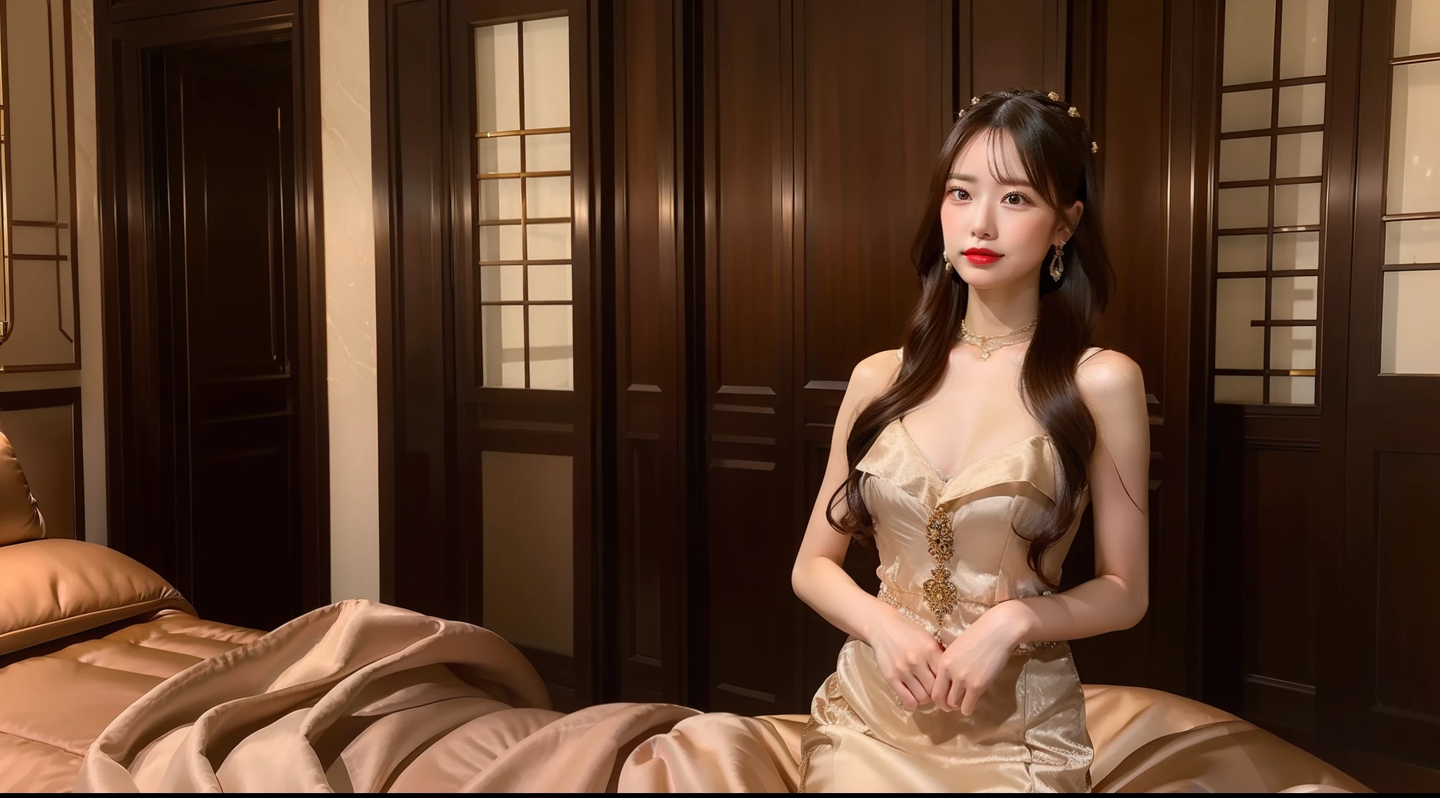 A hostess in a Western-style dress is in a luxurious room