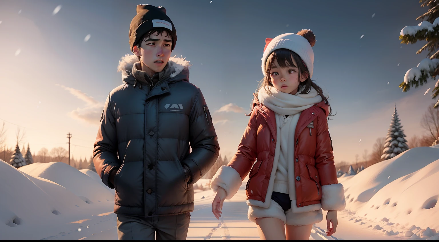 pixar-style，In winter，Underwear snow，A boy and a girl went in different directions