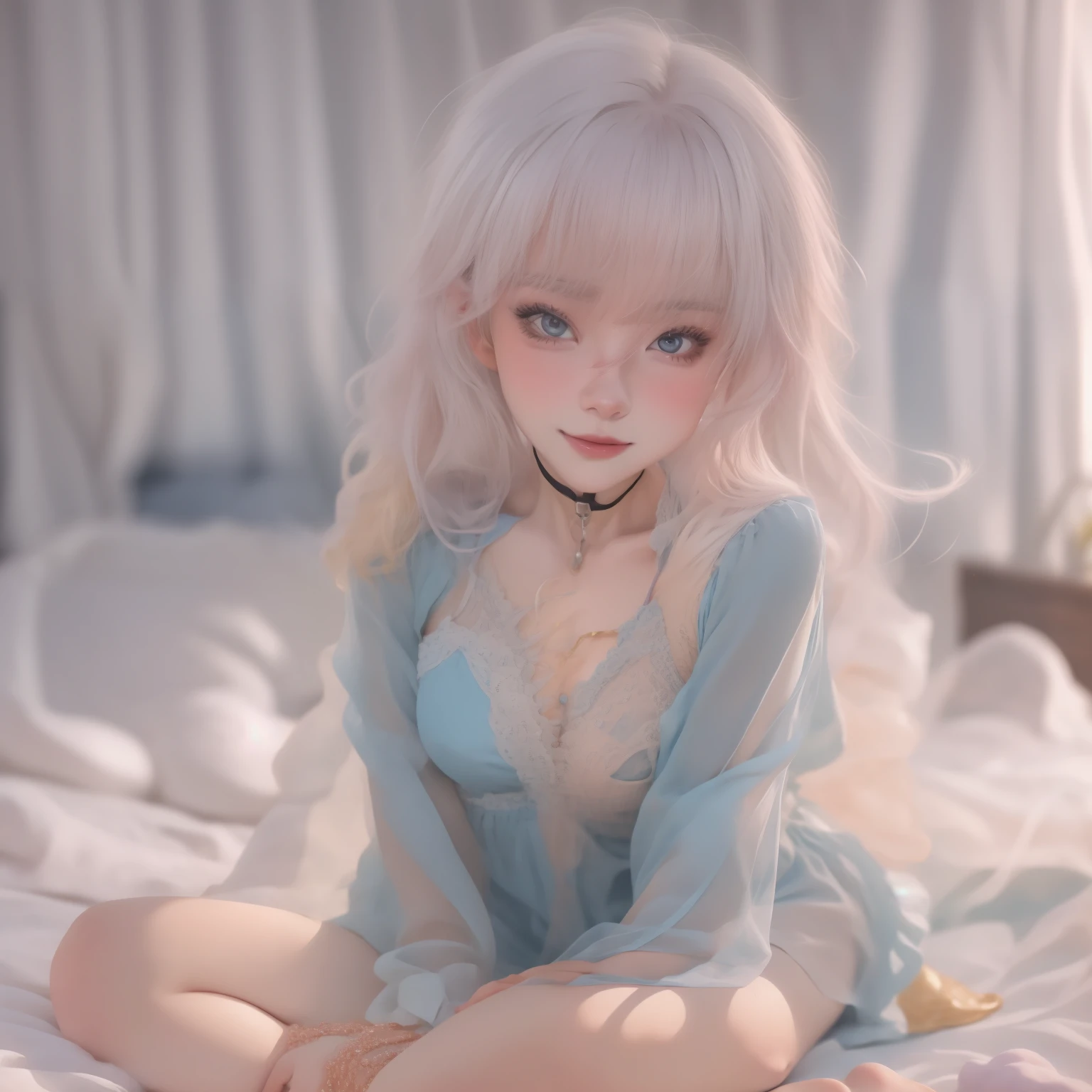 Transparent fun,Seductive pose,kneeling on a bed
