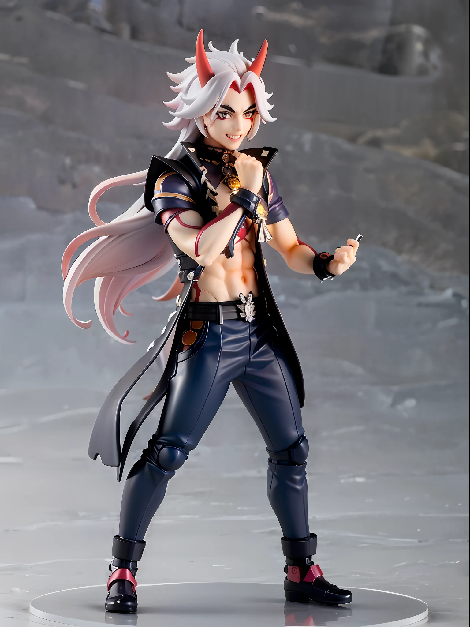 (Blind box toy style:1.3), (Full body shot) , 1 masterpiece, Best quality, ((anatomy correct,1 boy solo)),(arataki itto:1.2) (Genshin Impact), laugh,male focus, black nails, arataki itto, red horns, solo, long white hair, Clean, Clean dark background (circular base)( Global illumination, Ray traching, hdr, unreal render,reasonable design, high detal, Masterpiece, Best quality, hyper HD, Cinematic lighting)