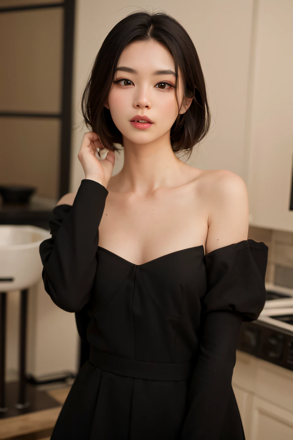 araffe woman in a black dress posing in a kitchen, gorgeous young korean woman, she is wearing a black dress, gorgeous chinese model, beautiful south korean woman, beautiful young korean woman, an elegant woman in black dress, korean woman, showing her shoulder from back, heonhwa choe, korean women's fashion model, korean girl, xintong chen