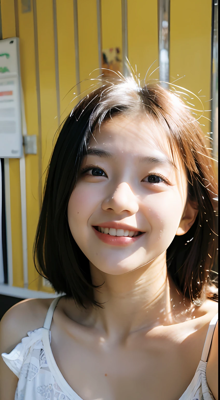 top-quality, masterpiece, 超A high resolution, (realisitic: 1.4), OriginalPhotographs, wall-paper, Head Photo, The skin, simple background, Black eye, detaileds, selfy, 1 rapariga, 18 years old, breezing, rays of sunshine, kitchin, eating banana,huge tit