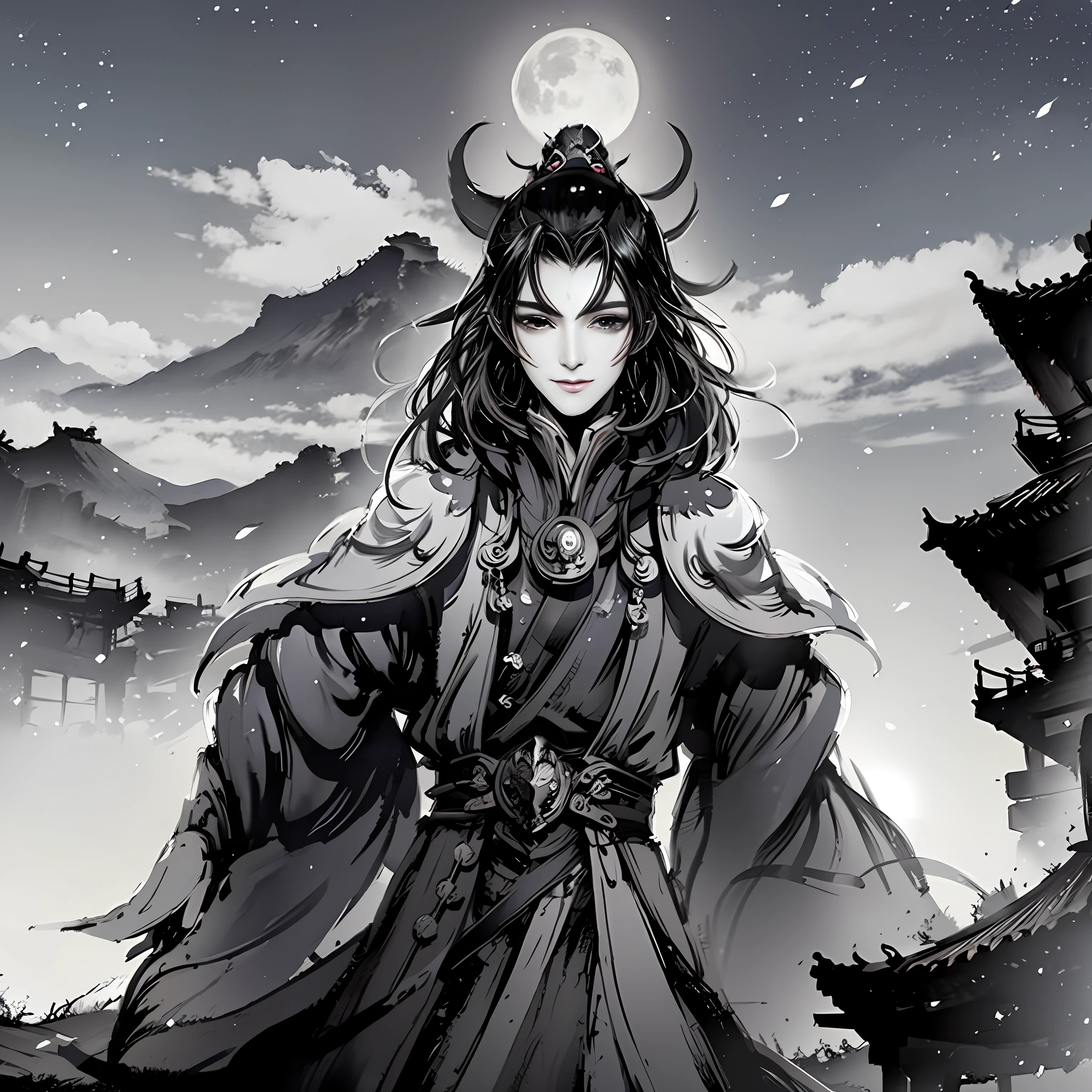 Beautiful avatar，upperbody closeup，Masterpiece, Best quality, Night, hill, Clouds, full moon, Very short hair,glowworm.Ancient style,Chinese man's face
